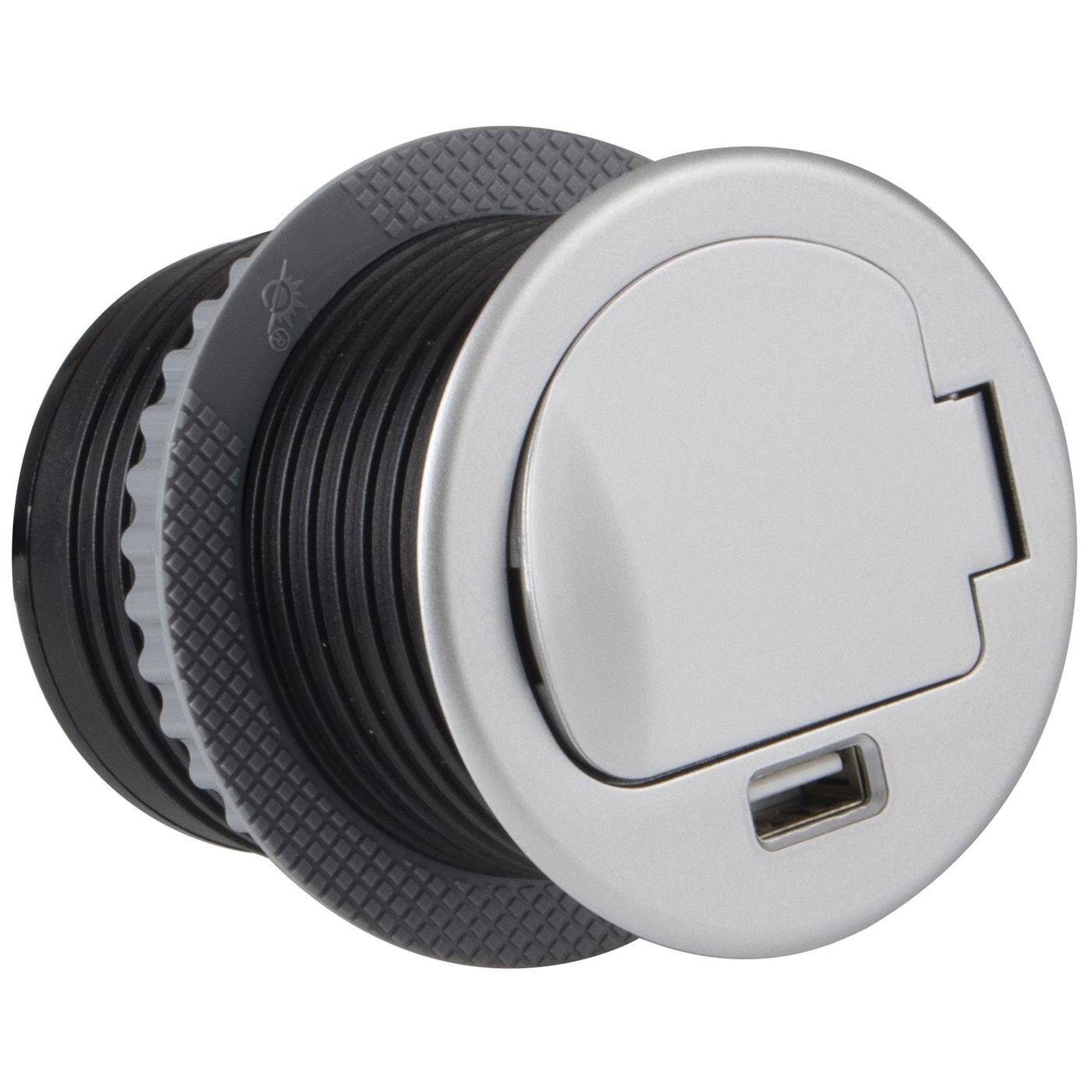 SingleBox Protective contact Socket outlet + USB 2,4A Table socket outlet Drill hole 68mm Aluminium