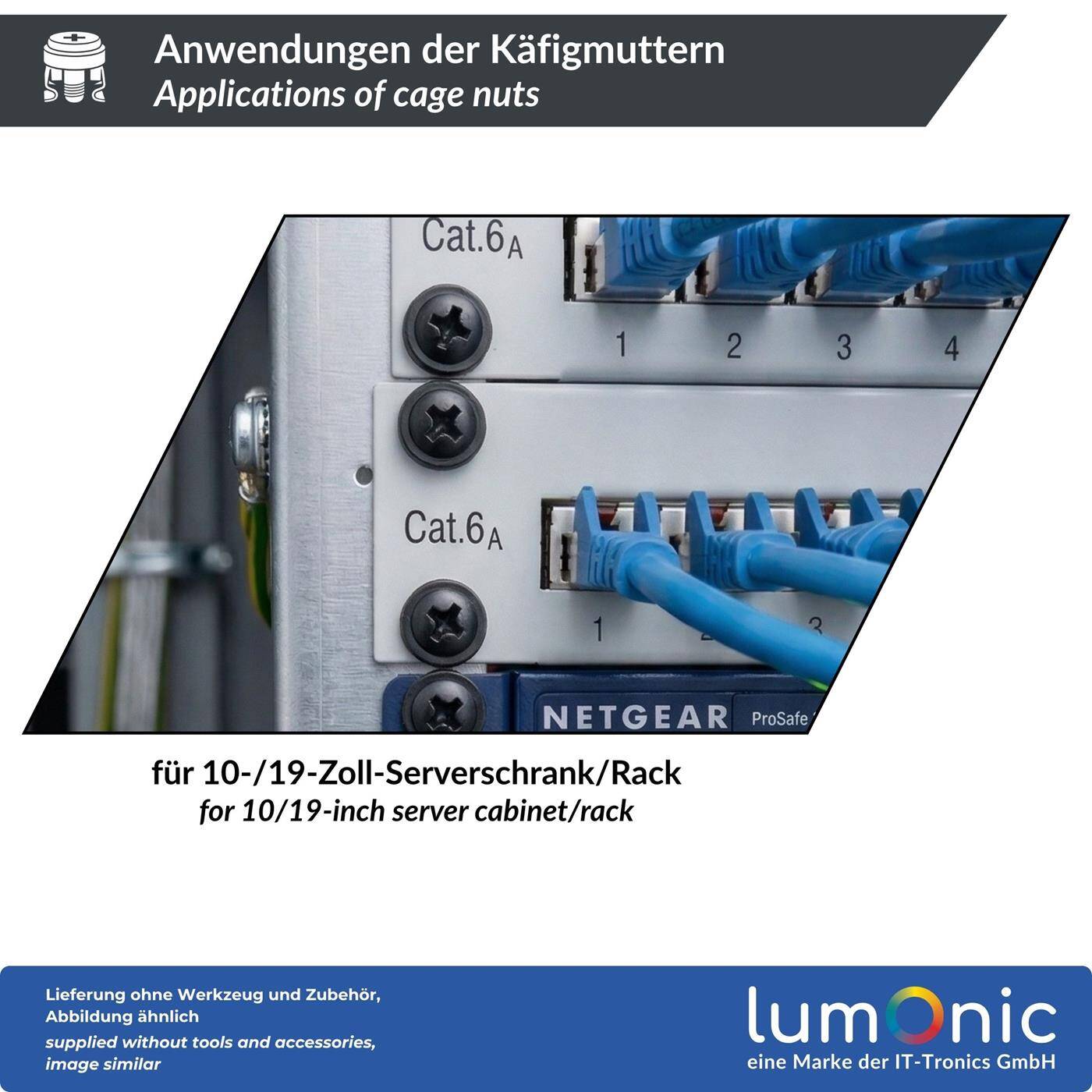 Lumonic Käfigmuttern M6 | 20 Stück Komplett-Set Schwarz | Rack Schrauben mit Kratzschutz-Scheibe | für 19 Zoll & 10 Zoll Netzwerkschrank Patchpanel Serverschrank