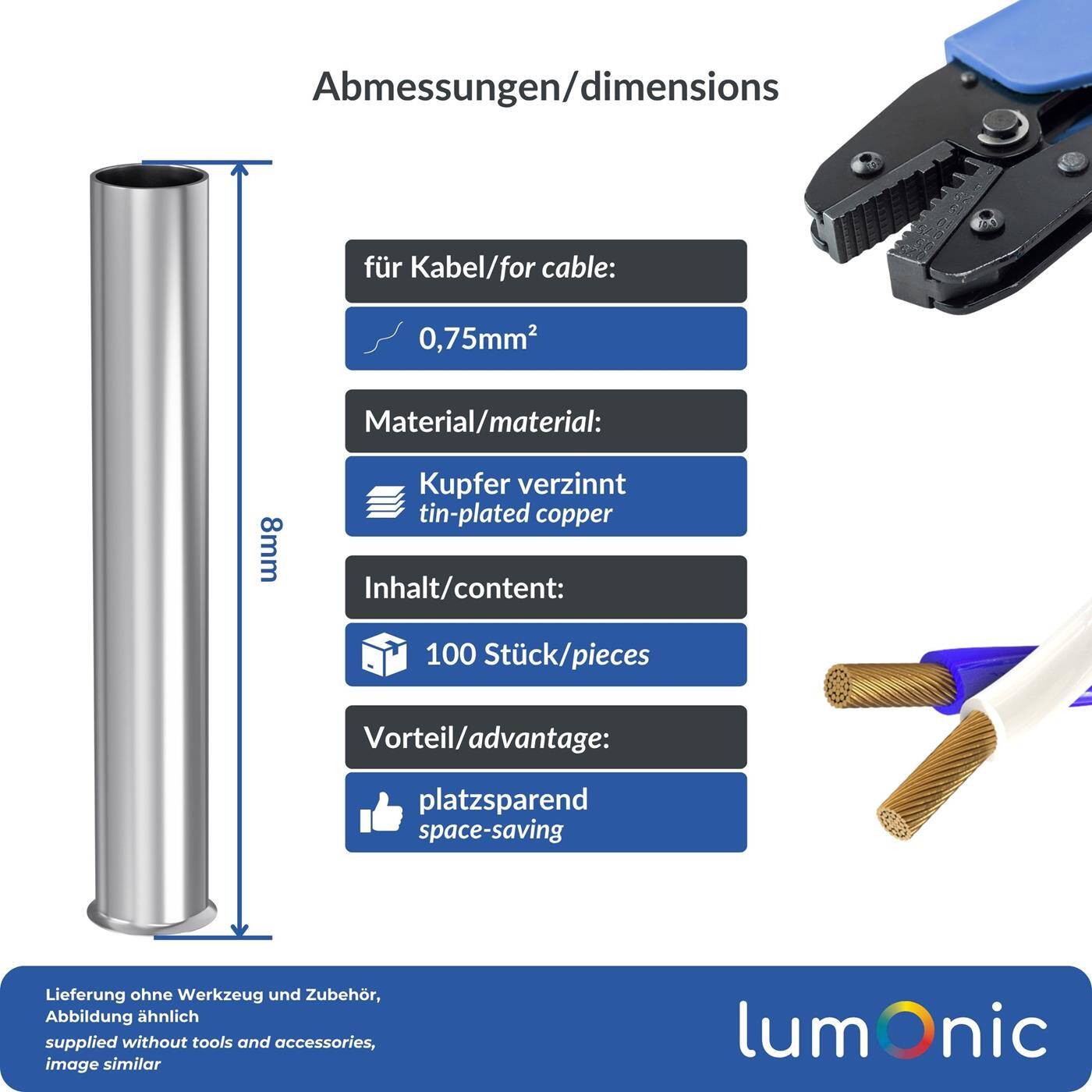 Lumonic 100 x 0,75mm² Aderendhülsen blank unisoliert I Die Länge beträgt 8mm I Verzinnt zum Schutz gegen Korrosion | Klemmhülsen, Kabelhülsen, Kabelendhülsen, Adernhülse