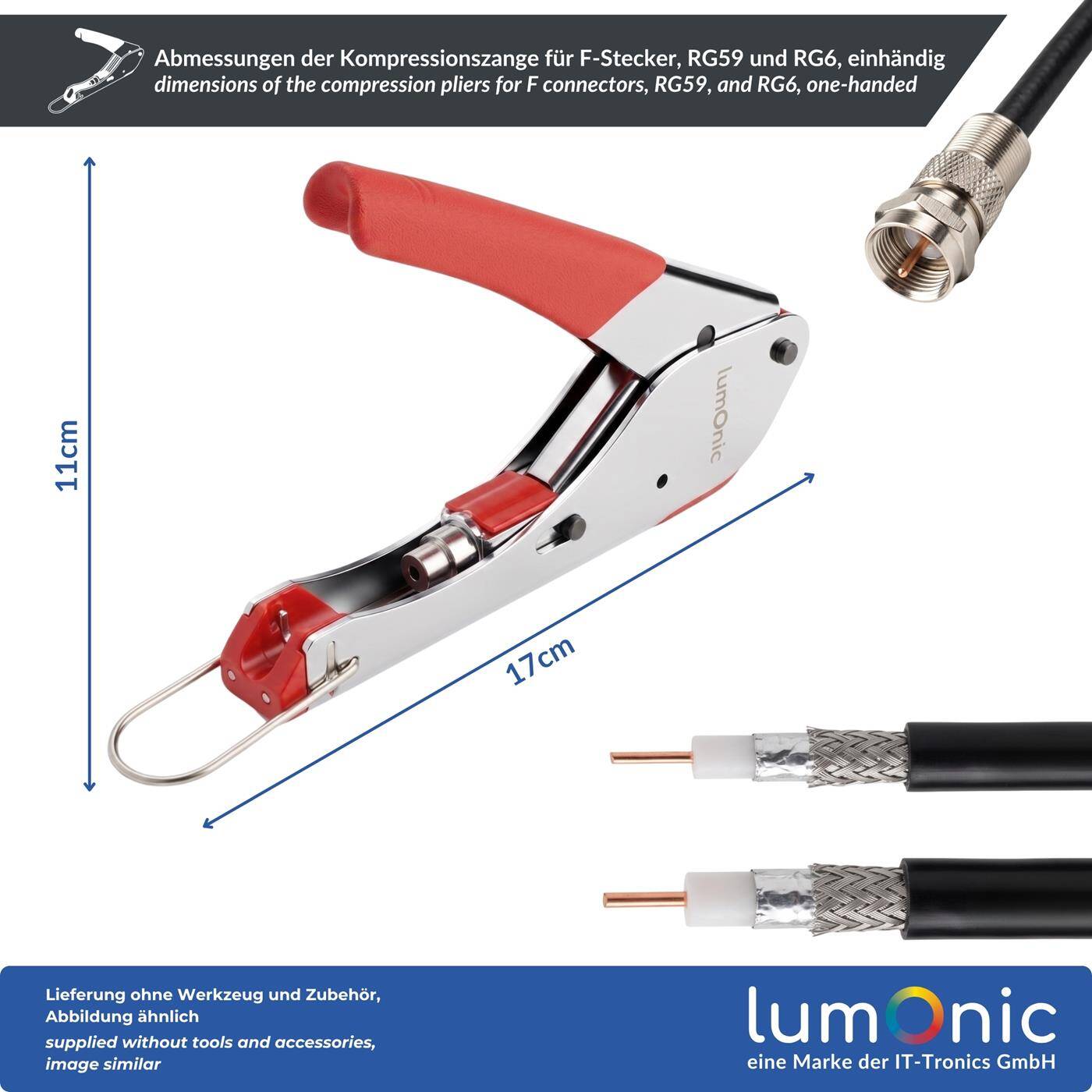 Lumonic Compression pliers for F connectors, RG59, and RG6, one-handed use—locking lever, for RG59 and RG6, axial compression, metal, coaxial connectors for satellite systems and antenna jacks