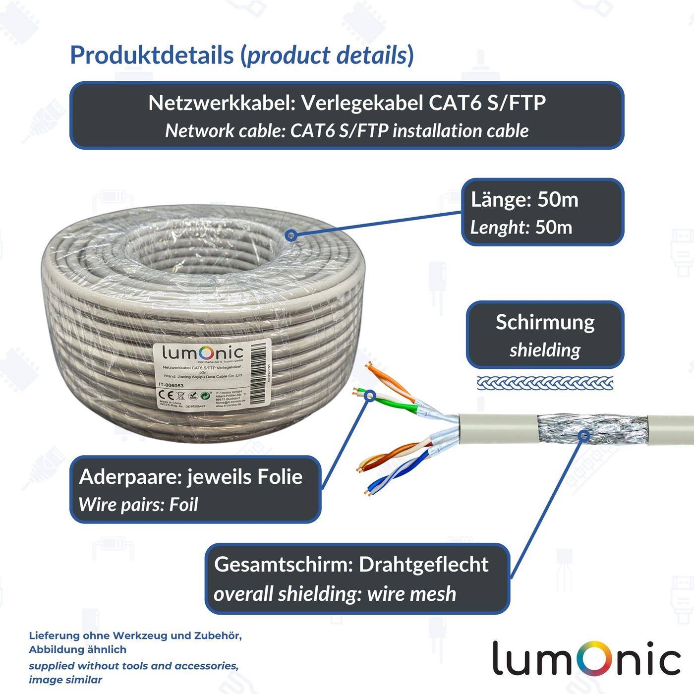 50m Netzwerkkabel Verlegekabel CAT6 S/FTP PIMF Ethernet Kabel LAN Kabel CAT.6