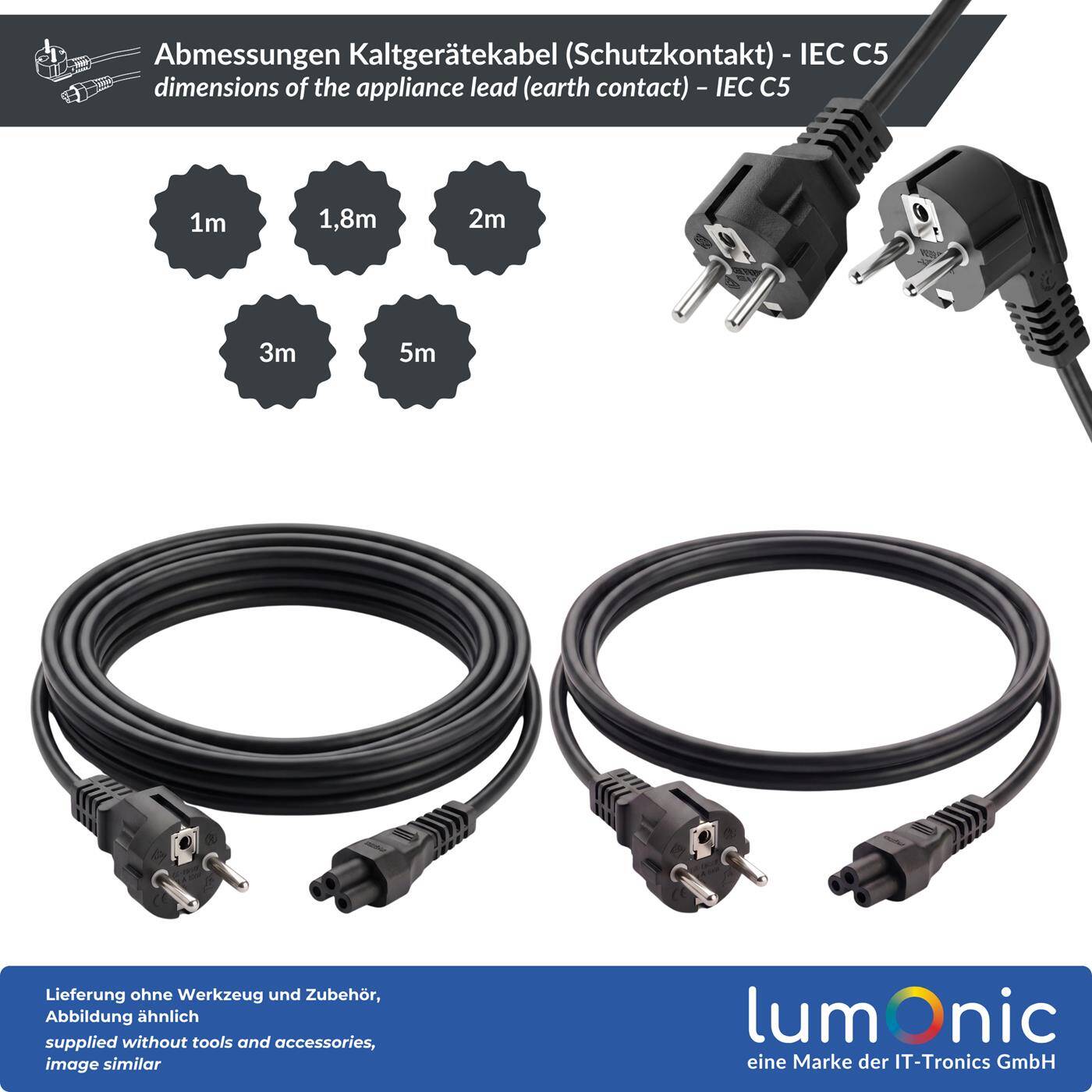 Lumonic Netzkabel Schuko 90° auf C5 90° Gewinkelt, Kleeblatt Schwarz 1,8 m, 230 V - Beidseitig gewinkelte Stecker, für Deckenbeamer, minimaler Überstand, Knickschutz an beiden Enden