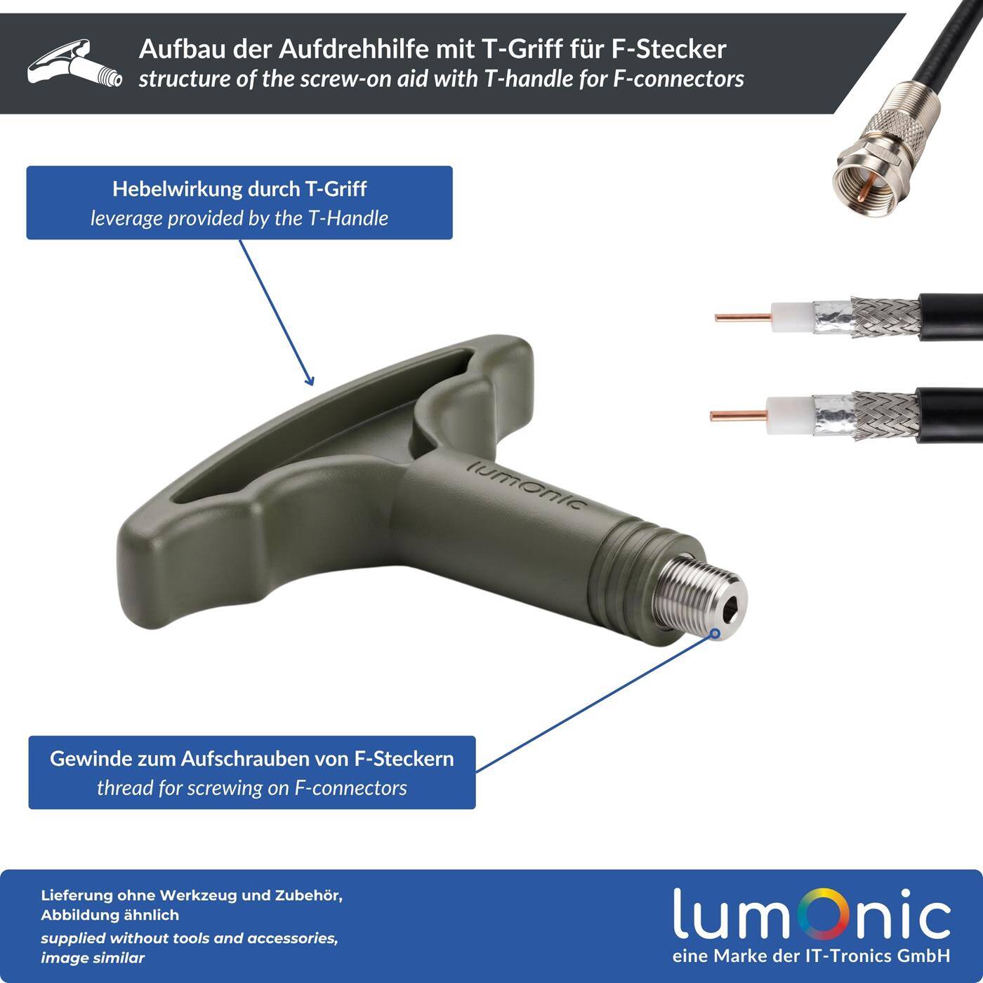 Lumonic Aufdrehhilfe mit T-Griff für F-Stecker - F-Knebel, F-Montageschlüssel, Aufnahme mit Metallgewinde, kraftschonendes Aufdrehen, für Verteilerschrank und SAT