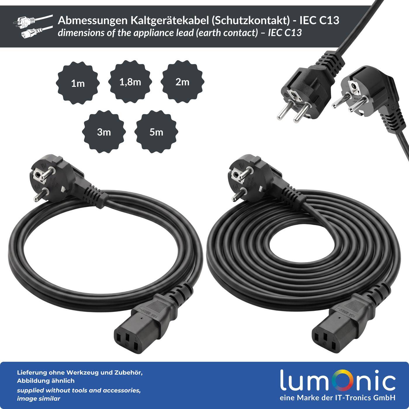 Lumonic Kaltgerätekabel Schuko 90° Gewinkelt auf C13, Schwarz 5 m, 230 V - 90° Winkelstecker spart Platz, für wandnahe Arbeitsplätze, bündiger Kabelabgang nach unten, Knickschutz gegen Kabelbruch