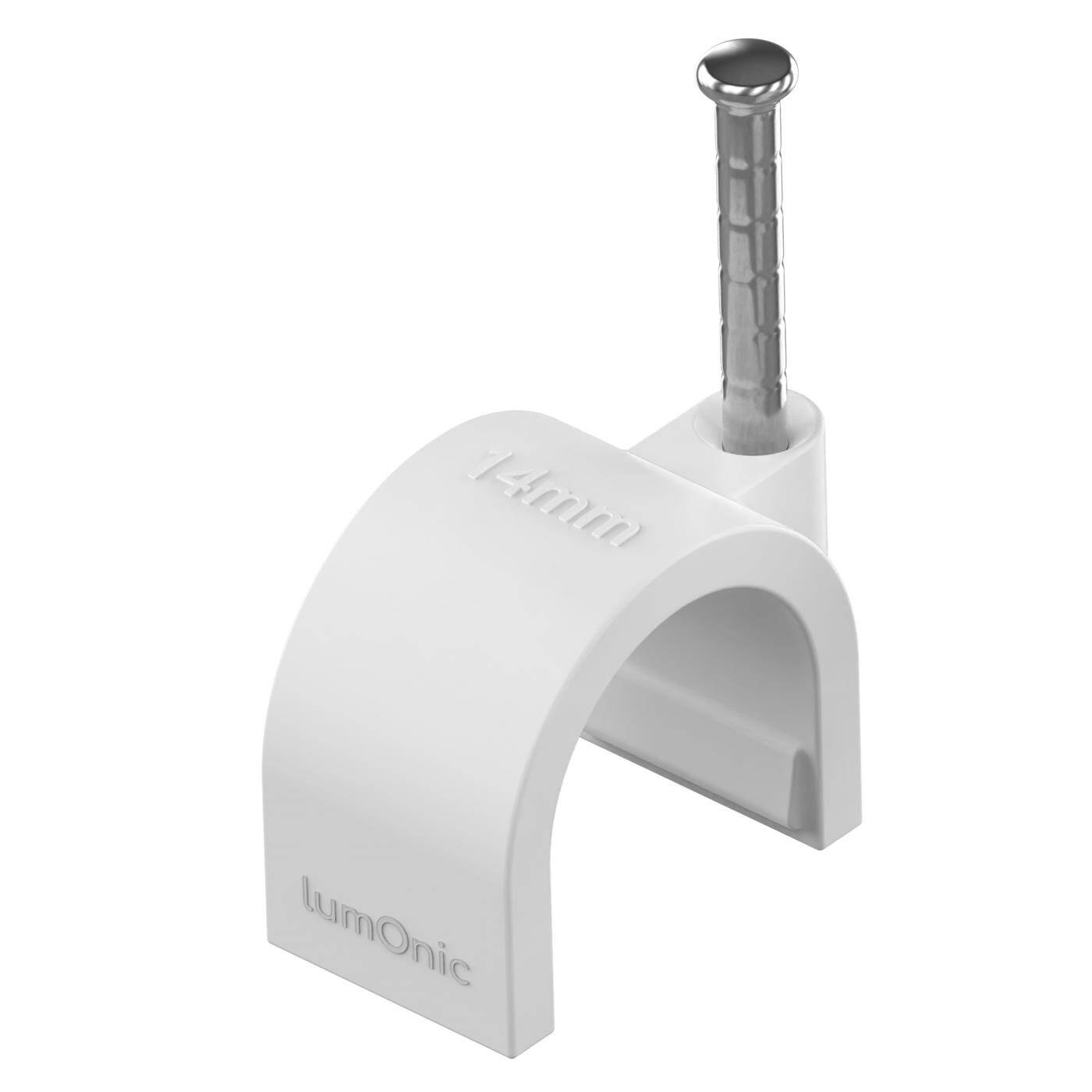 Lumonic 100x Nagelschelle 14mm für Kabel weiss - Kabelschelle mit 30mm Nagel z.B. zur Befestigung an der Wand - Kabelklemmen verschiedene Größen 4-14mm