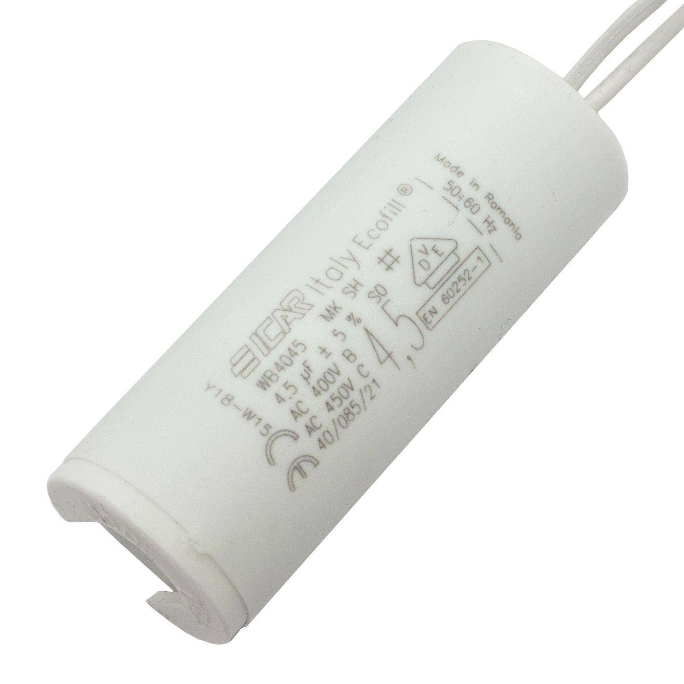 Anlaufkondensator Motorkondensator 4,5µF 450V 25x66mm Kabel 9cm ICAR 4,5uF