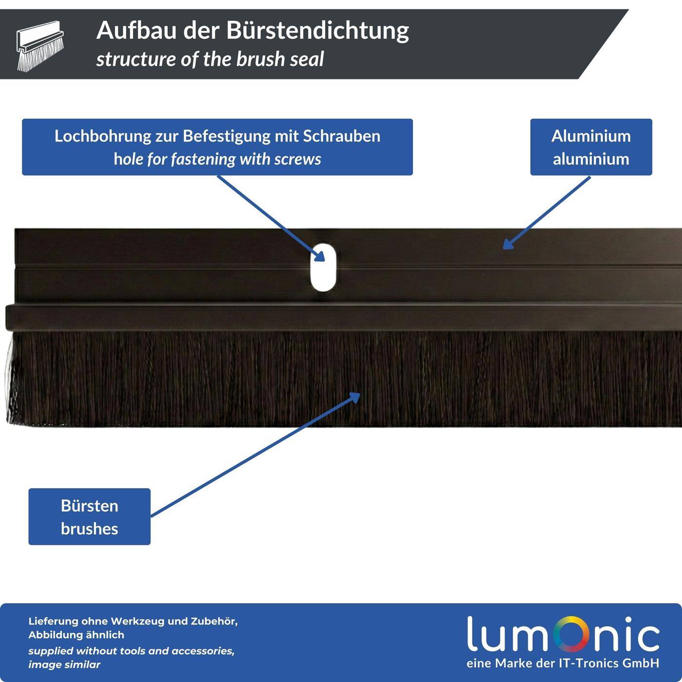 Lumonic 1m Brush seal 20mm | Aluminum profile brown | Saves heating costs | Screwable + Can be cut to size | Door bottom seal as draught excluder, cold protection, insect protection for doors