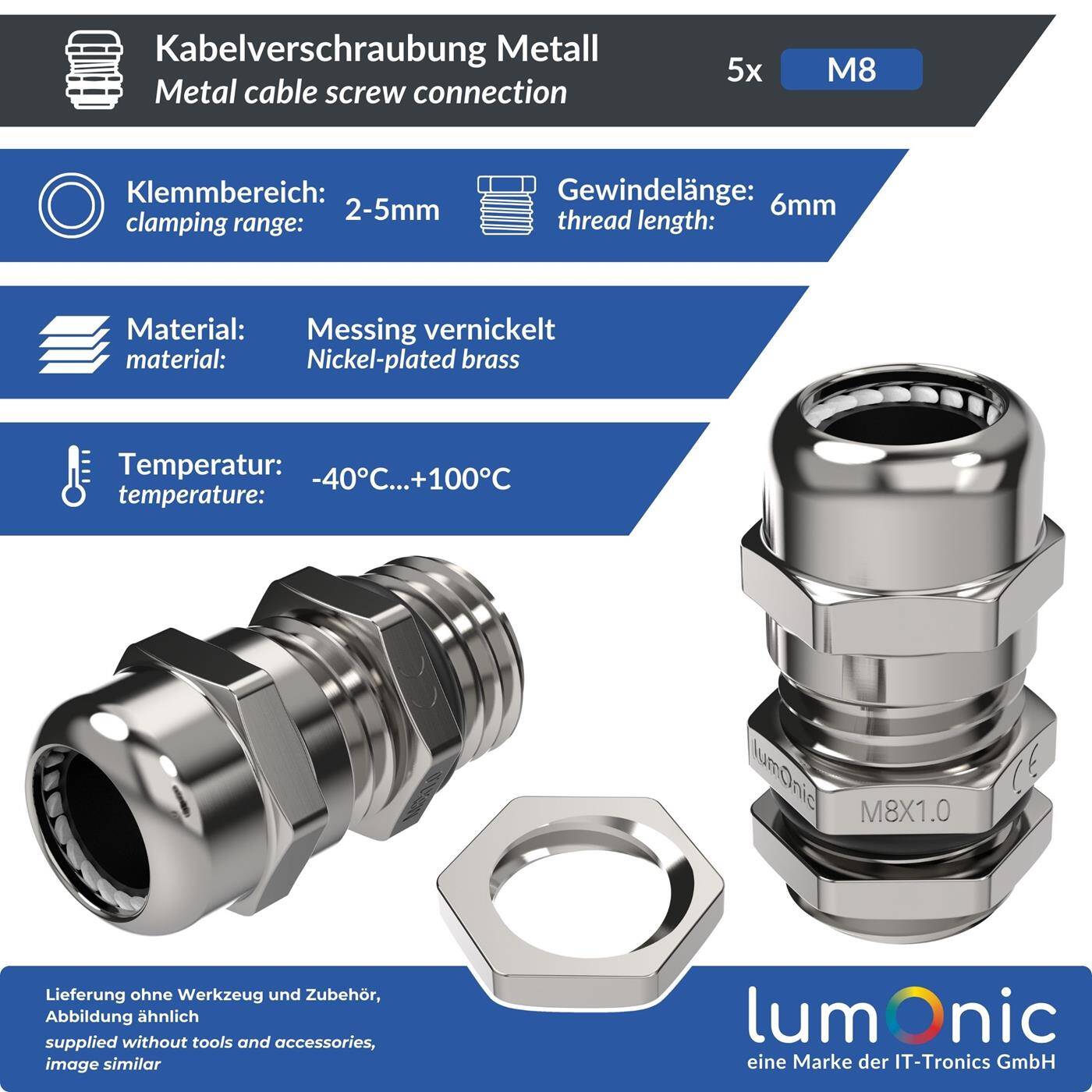 Set of 5 metal cable glands M8, Clamping range 2-5mm, IP68, with locknut, Nickel-plated brass, EMC, -40...+100°C