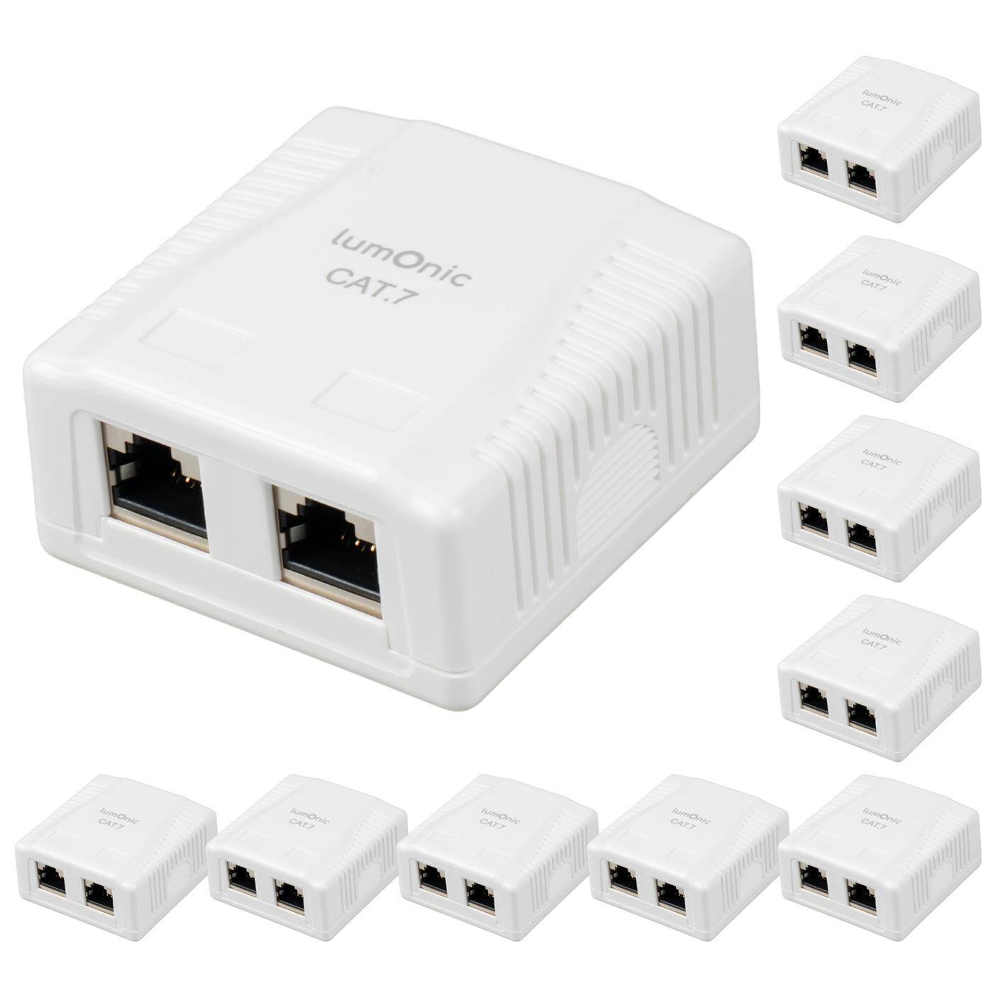10er Set Netzwerkdose Aufputz CAT7, 2-Port RJ45, Anschluss unten, ohne Stemmen nachrüsten, LSA-Montage, T568A/B farbcodiert, ABS Kunststoffgehäuse, weiß, Ethernet-Dose bis zu 10 Gbit/s