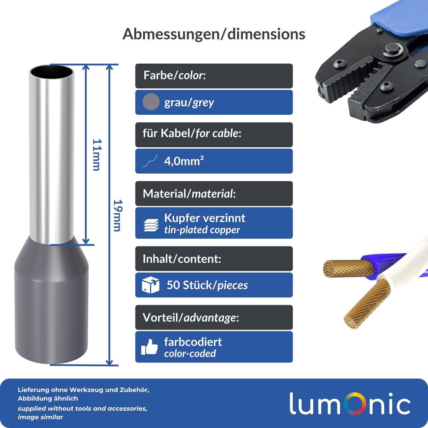 Lumonic 50 x 4mm² Aderendhülsen isoliert grau I Die Länge beträgt 11mm, der Durchmesser des Kunstoffkragen 4,8mm I Verzinnt zum Schutz gegen Korrosion