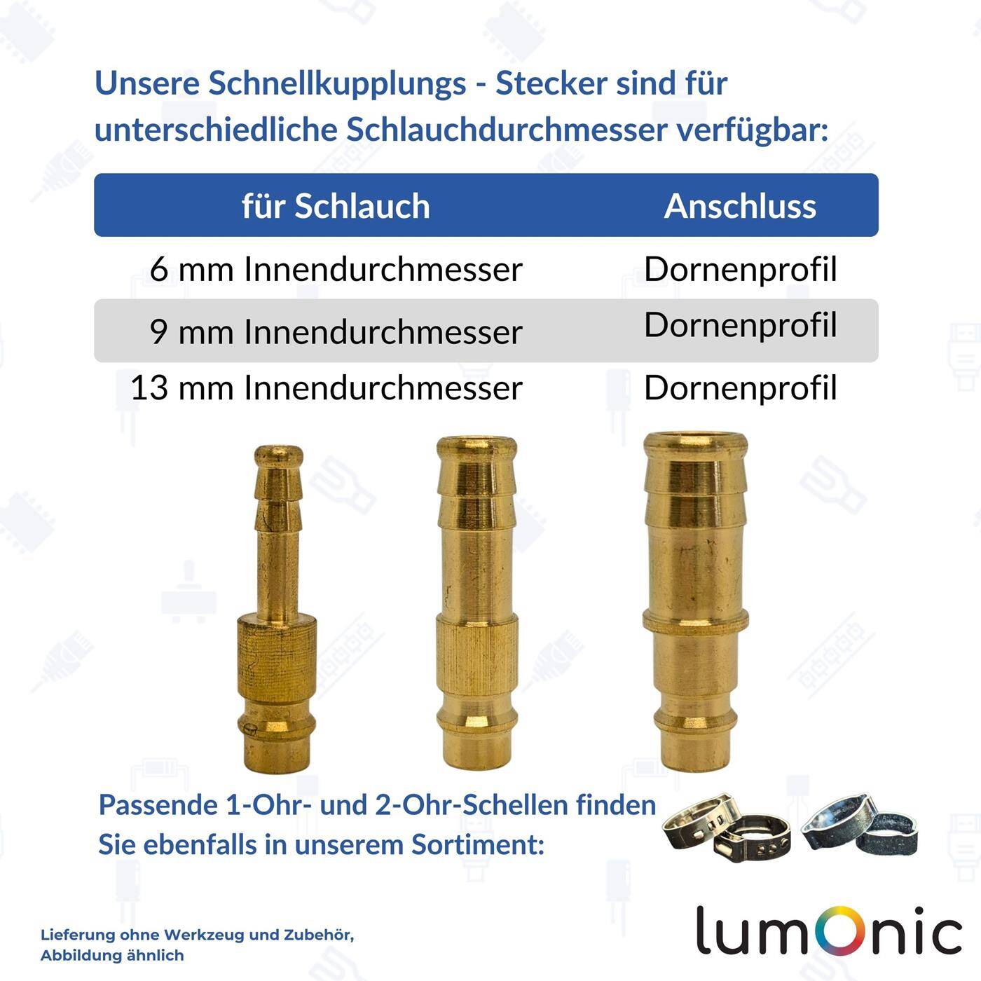 Kupplungsstecker mit Schlauchstutzen für 6mm Schlauch aus Messing Druckluftkupplung-Stecker Schnellkupplung für Werkstätten, Betriebe und Heimwerker