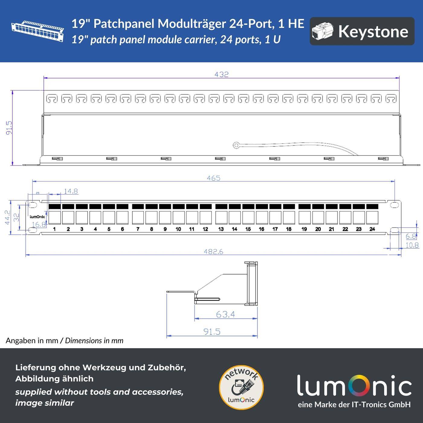 Lumonic 19" Patchpanel Keystone-Modulträger | 24 Port, 1HE mit Beschriftungsfeld | flexibel erweiterbar | Rackmontage | schwarzes Patchfeld mit Erdungskabel | mit CAT6/6a/7 Keystones kompatibel