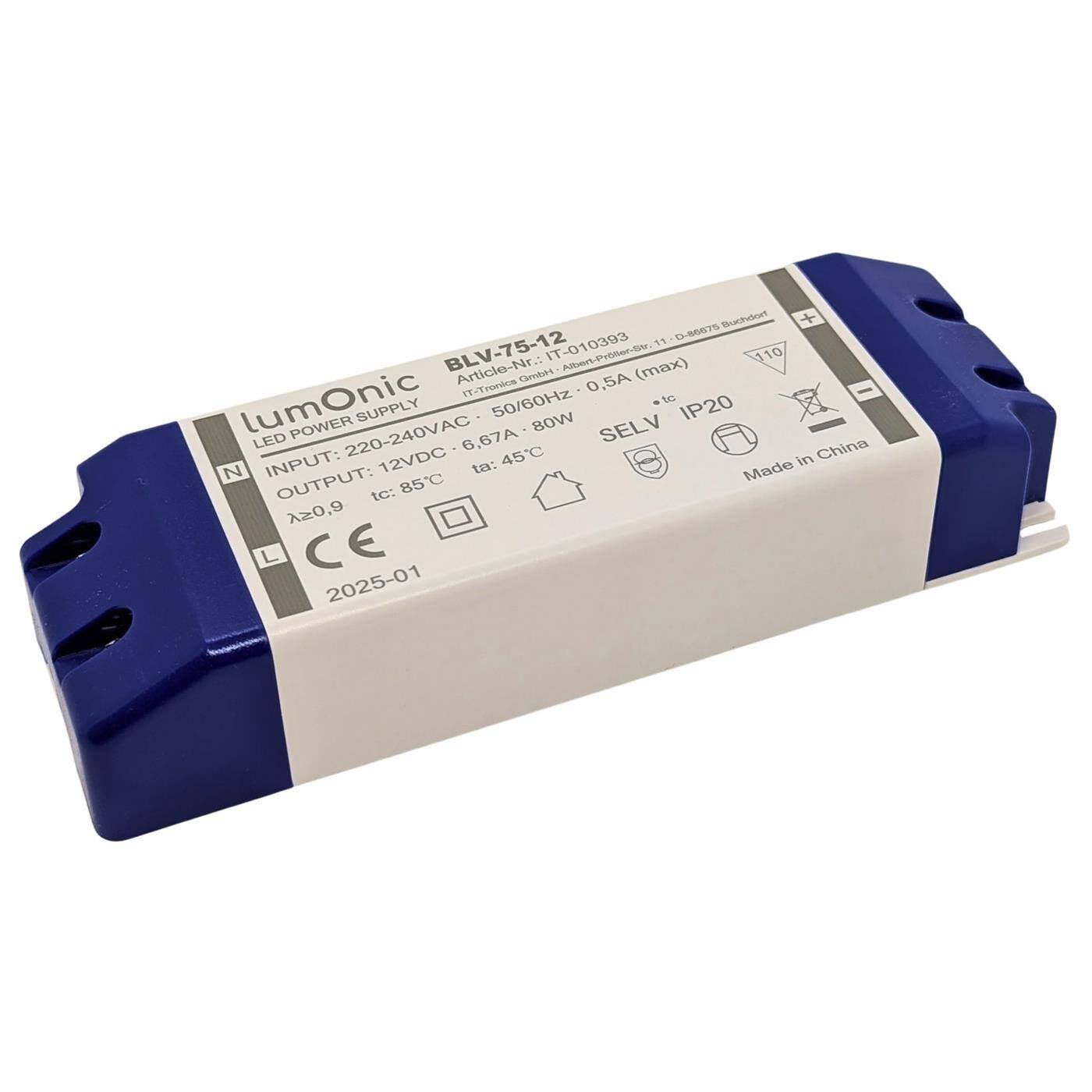 Lumonic I LED transformer BLV-80-12 I 12V 80W I Input 220-230VAC I flicker-free I Overload protection I LED power supply unit I for LED lighting