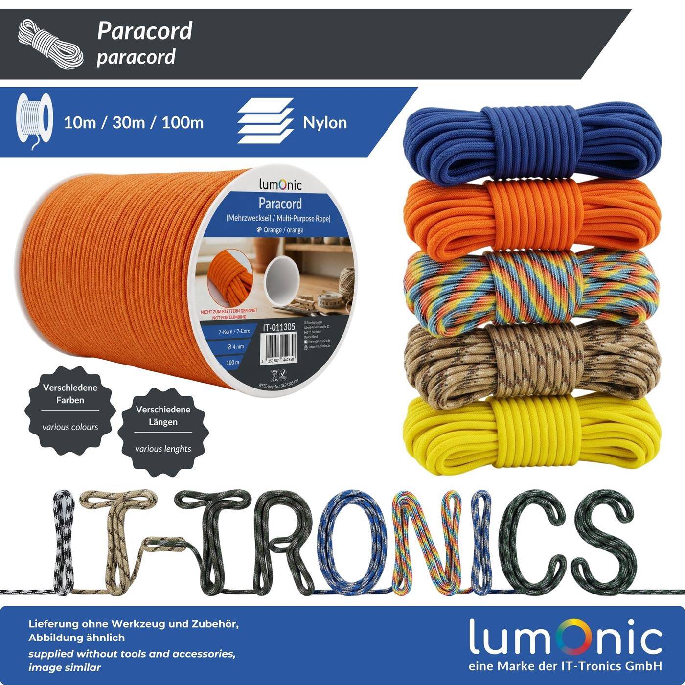 Lumonic 10m Paracord 4mm Camo rainbow | 100% nylon | 7 cores, 32 strand sheath | Max. 125 kg load capacity | dog leash, bracelet, outdoor, bushcraft, tent cord