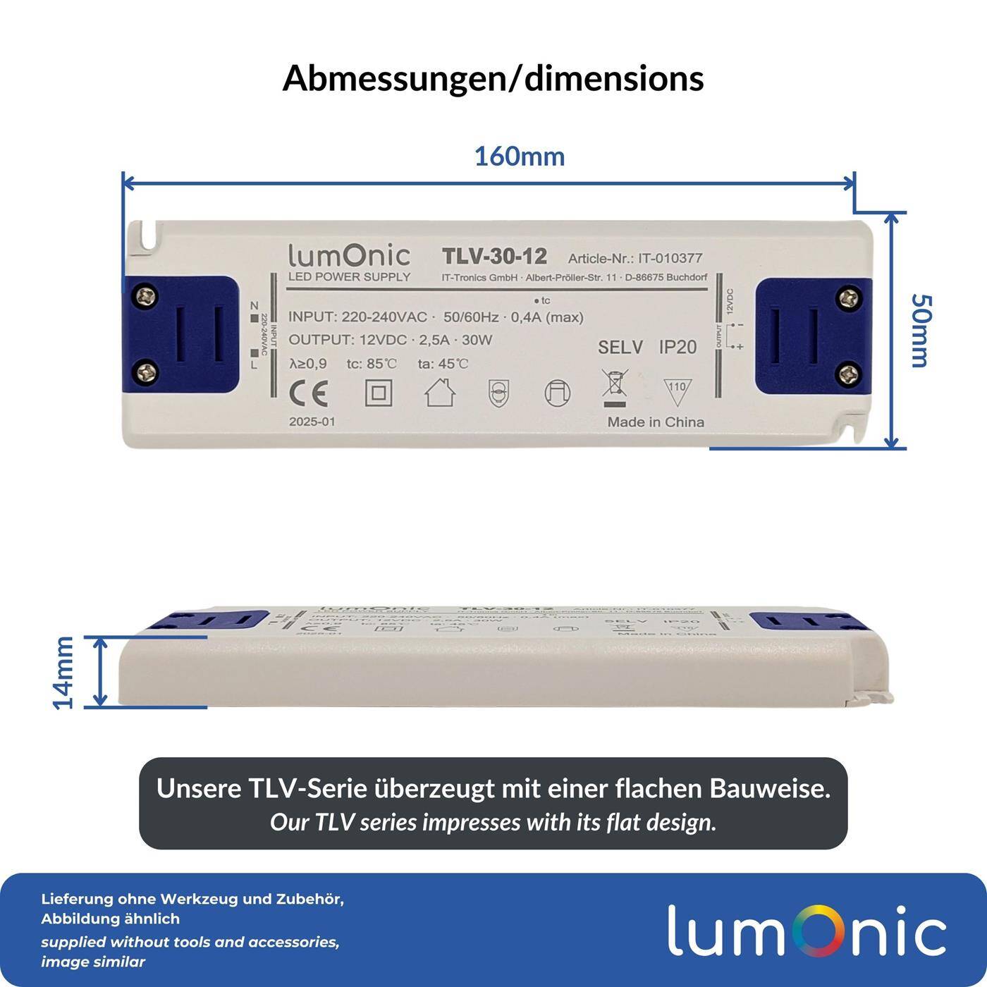LED Trafo TLV-30-12 12V 30W Input 220-240VAC flimmerfrei & ultradünn Überlastschutz LED-Netzteil für LED-Beleuchtung & LED-Streifen