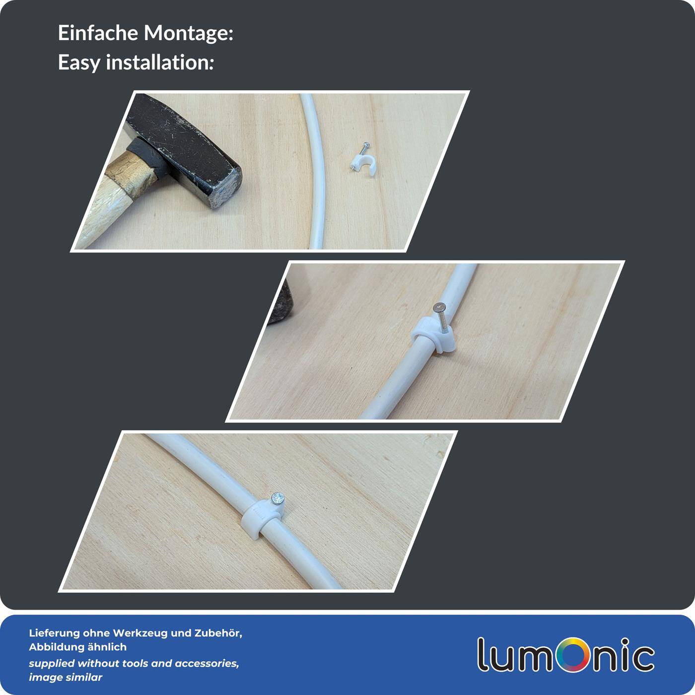 Lumonic 100x Nagelschelle 10mm für Kabel weiss - Kabelschelle mit 22mm Nagel z.B. zur Befestigung an der Wand - Kabelklemmen verschiedene Größen 4-14mm