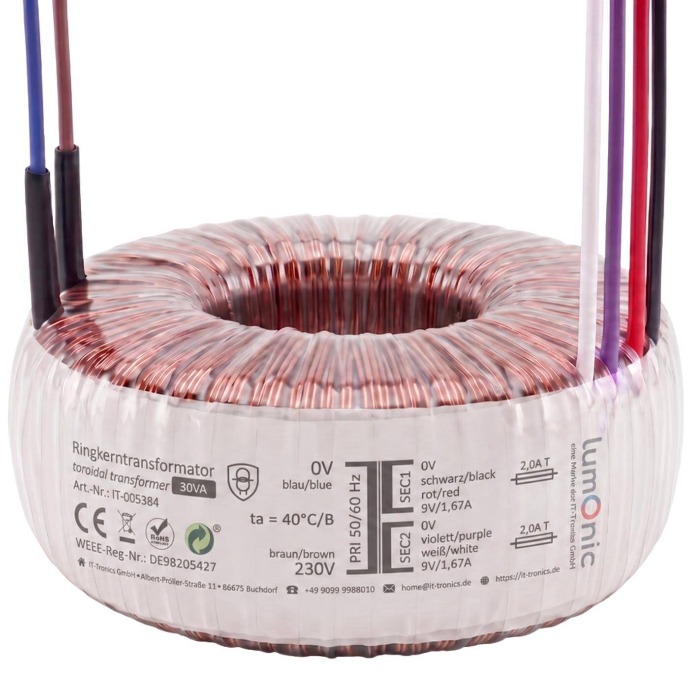Lumonic Ringkerntrafo Transformator 30VA | Primär 230V AC | Sekundär 2x 9V AC oder 1x 18V AC | Brummarm | Transformator für HiFi Audio Verstärker