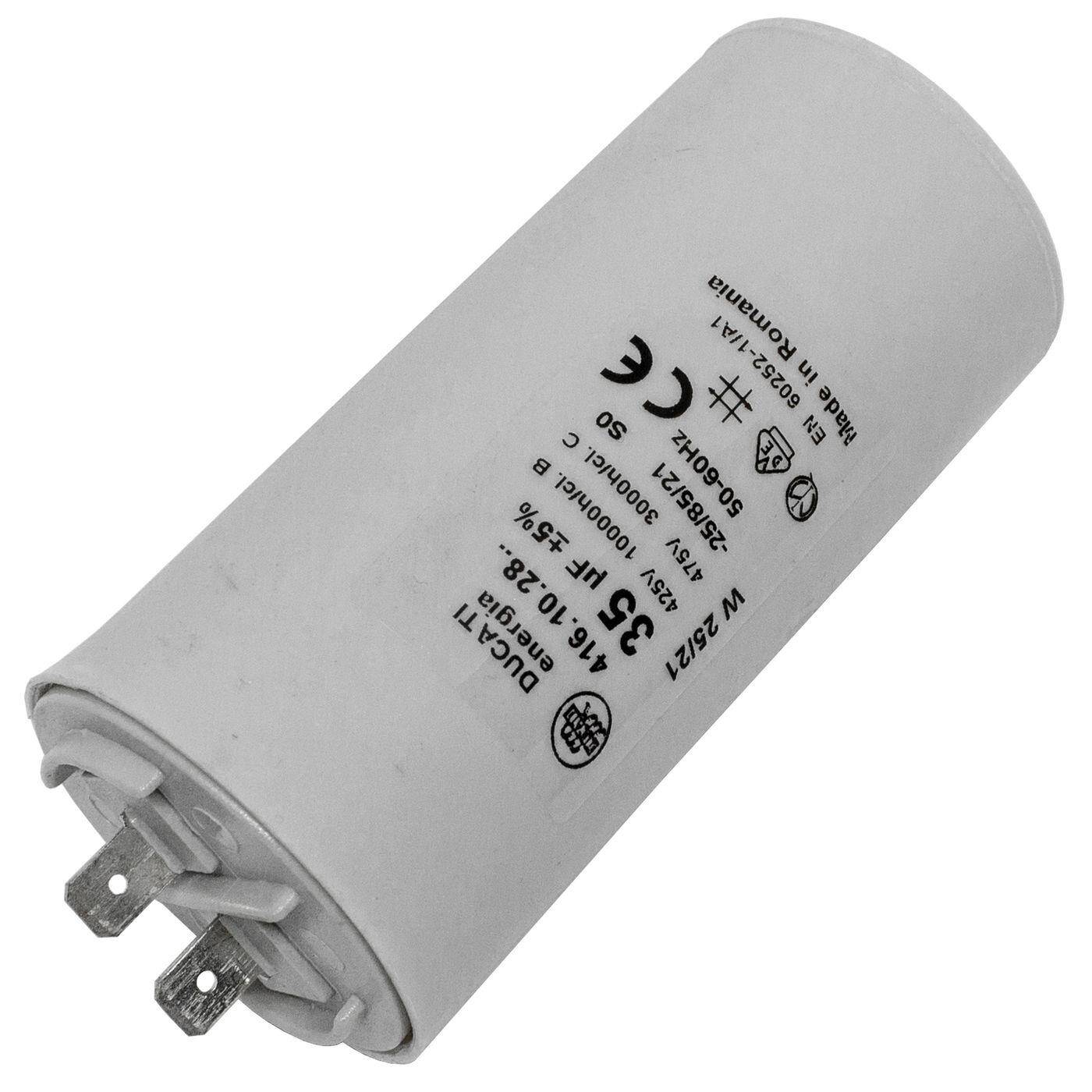 Lumonic Anlaufkondensator 416.10.28 A inkl. Stecker 6,3x0,8mm | Motorkondensator 35µF 425V 45x92mm I Kondensator im isolierten Kunststoffgehäuse