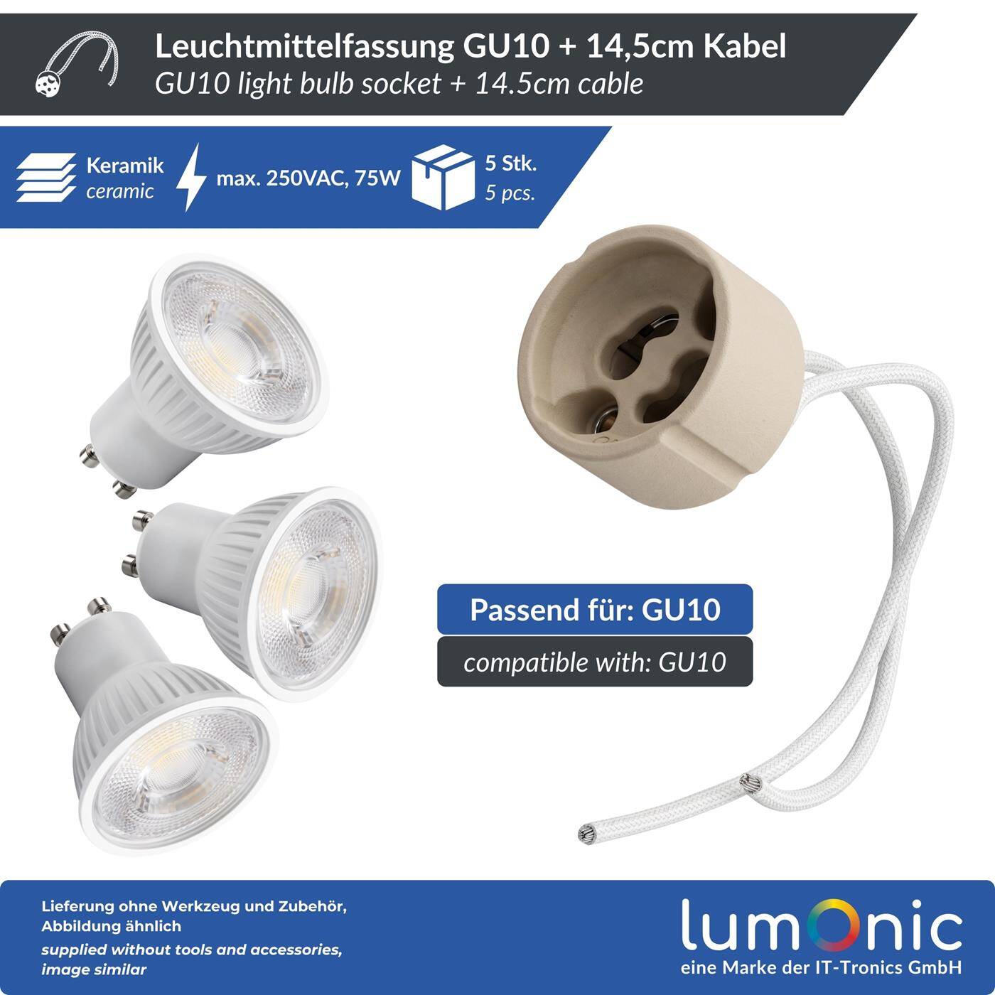 GU10 Leuchtmittel Fassung Keramik + 14,5cm Kabel für Lampen 230V
