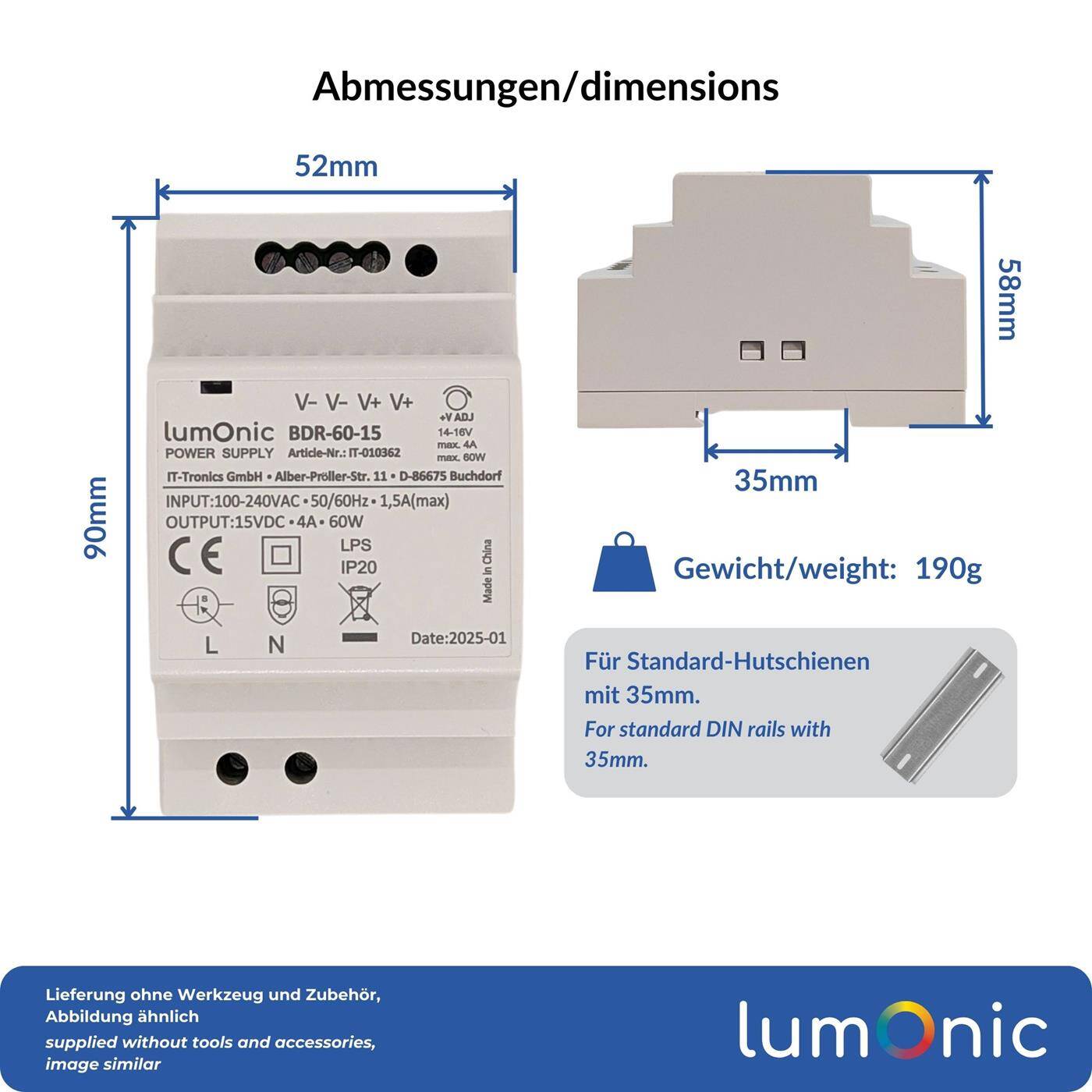 Lumonic I Netzteil Hutschiene BDR-60-15 I 15V / 60W I Input 100-240VAC I Überlastschutz & kurzschlussfest I DIN-Rail Schaltnetzteil I Schaltschrank & Verteilerkasten