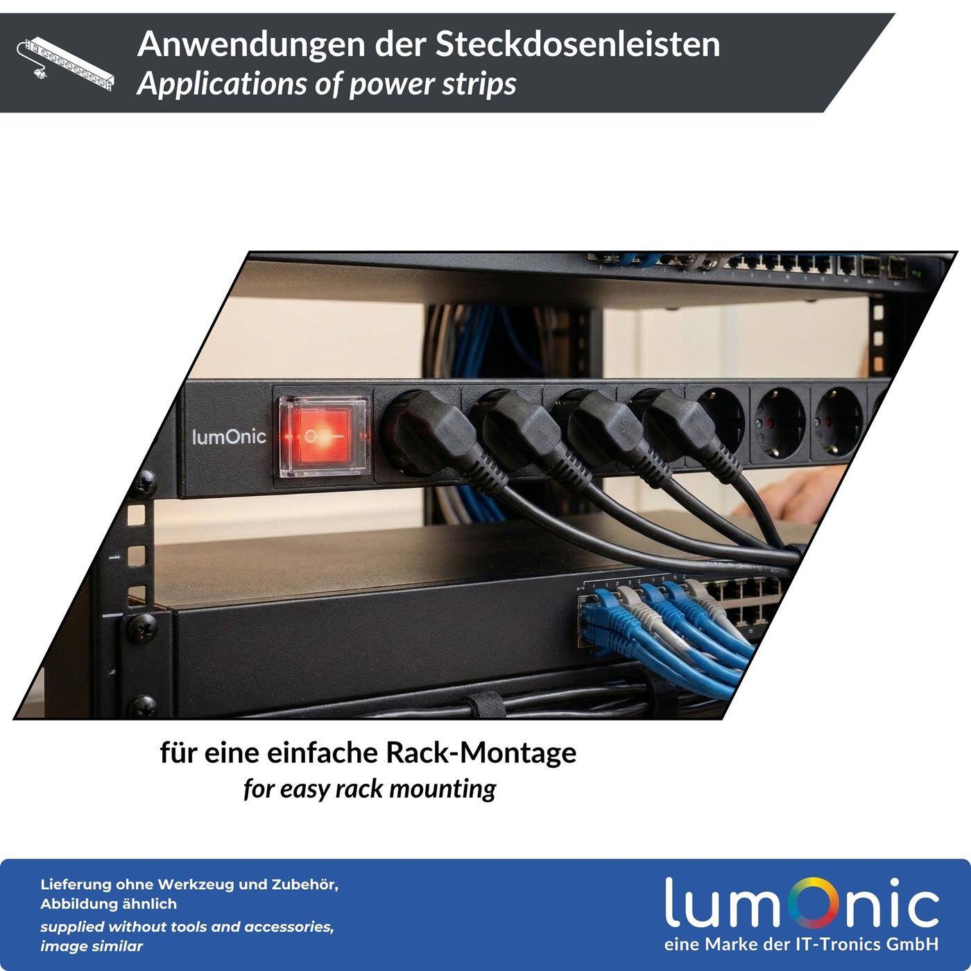 Lumonic 19" socket strip | PDU 8-fold | without switch | 1U, aluminum alloy, black | 2m connection cable 3G1.5 | 45° Schuko socket outlet | short term max. 3680W | Rack, server cabinet