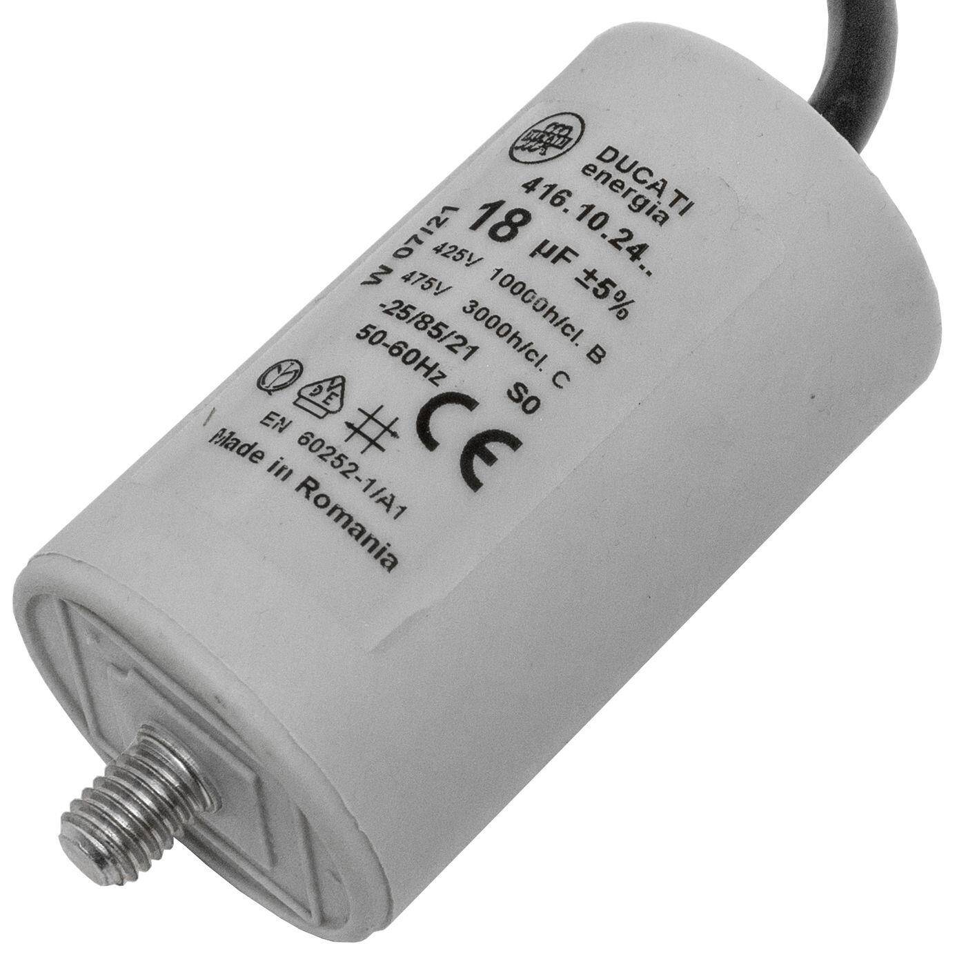 Anlaufkondensator Motorkondensator 18µF 425V 40x70mm Kabel 35cm Ducati 416.10.24 B 18uF