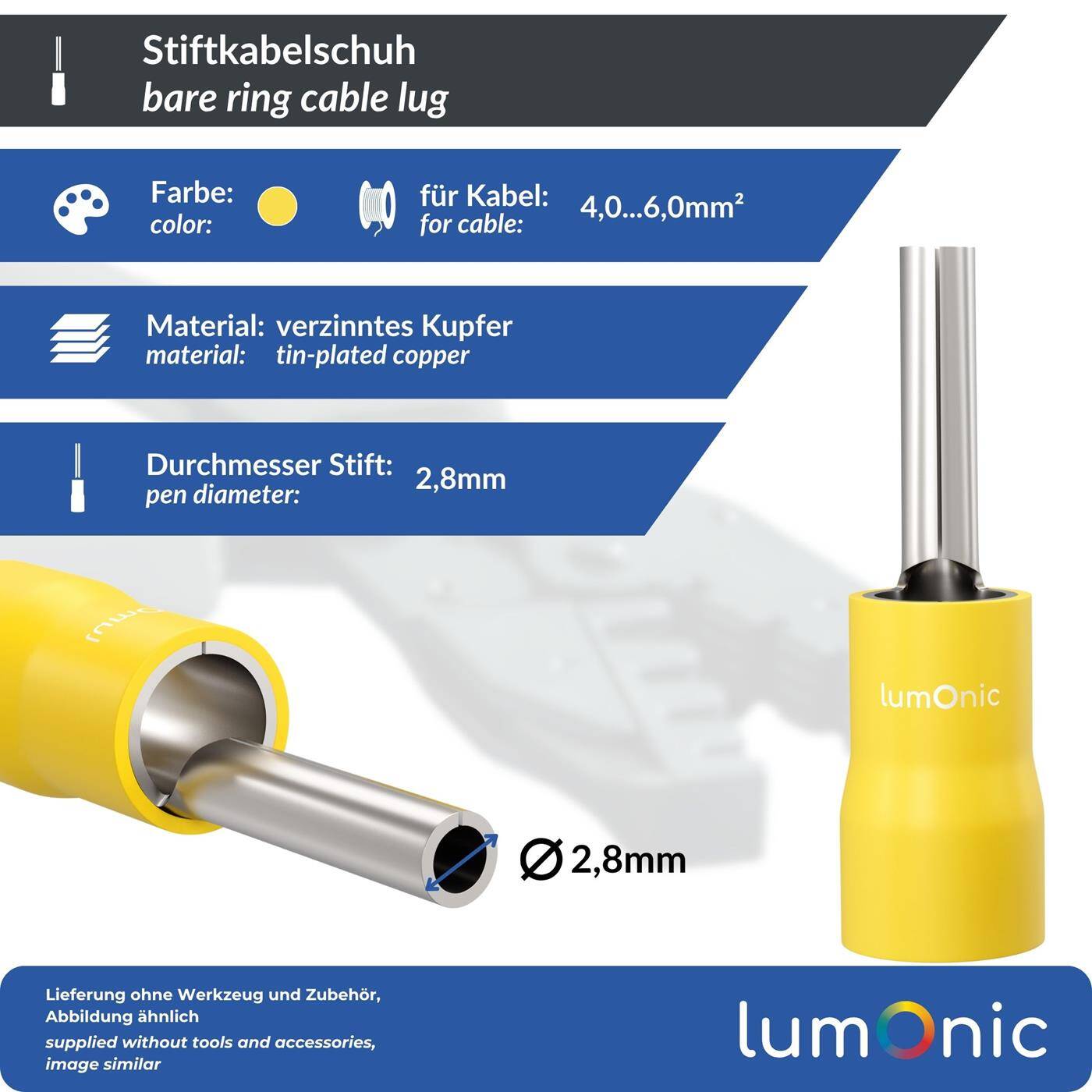 Lumonic 25x Pin cable lug 4,0-6,0mm² Yellow | Tinned copper | Secure cable connection without soldering | Crimp cable lug ideal for luster terminals | Automotive, mechanical engineering, motorhome