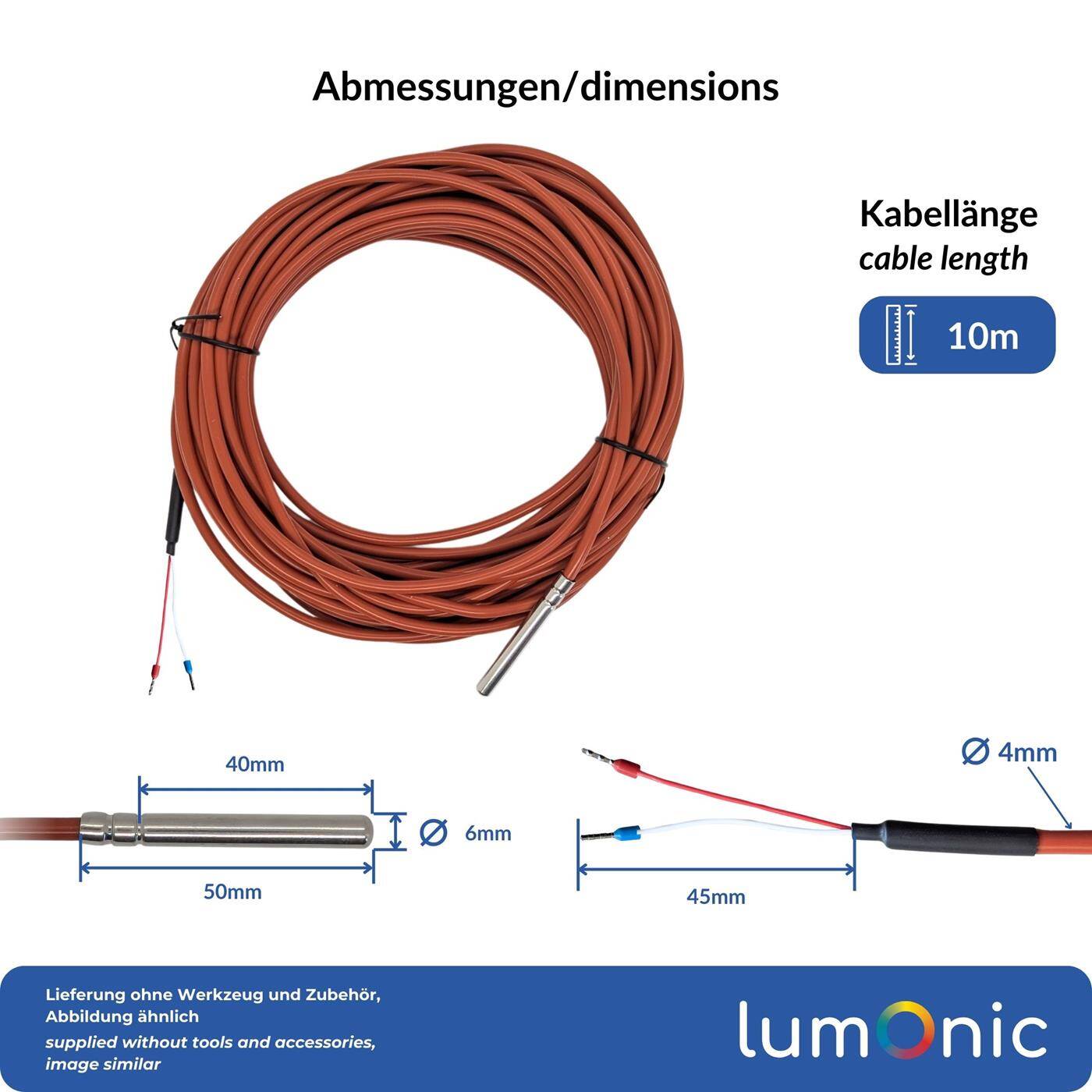 Lumonic Temperature sensor PT1000 with silicone cable 10m I -50...200°C I 6mm I 2-wire connection I IP65 I Temperature sensor Sensor I for heating, heat pumps, photovoltaics, automation