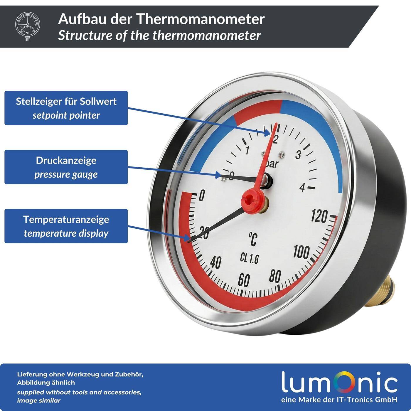 Lumonic Thermomanometer 4bar 0-120°C | 1/4 + 1/2 inch (adapter) | Rear connection | Ø 80mm, large scale | Heating pressure gauge | Metal housing