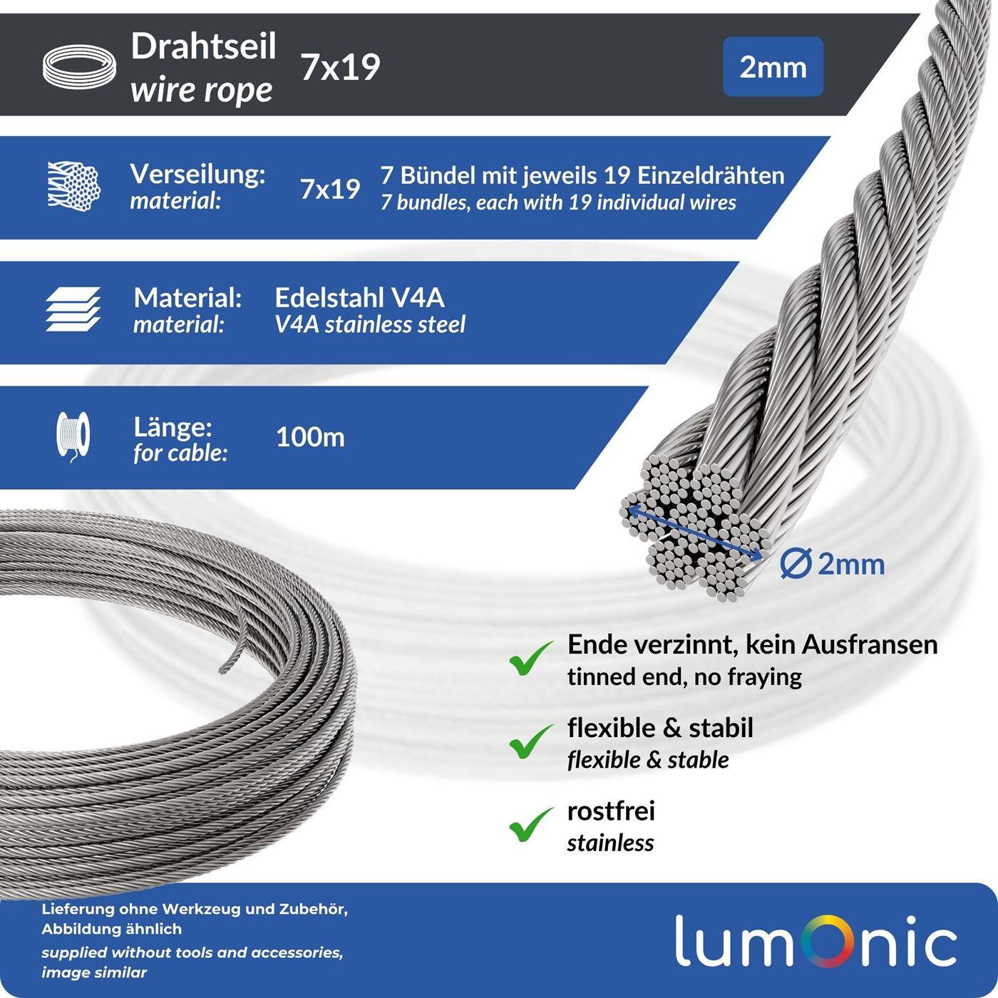 Lumonic Drahtseil 7x19 |  100m Ø2mm| V4A Edelstahl rostfrei | Stahlseil mit verzinnten Enden | für Rankhilfe, Wäscheleine, Lampen, Sichtschutz, Sonnensegel