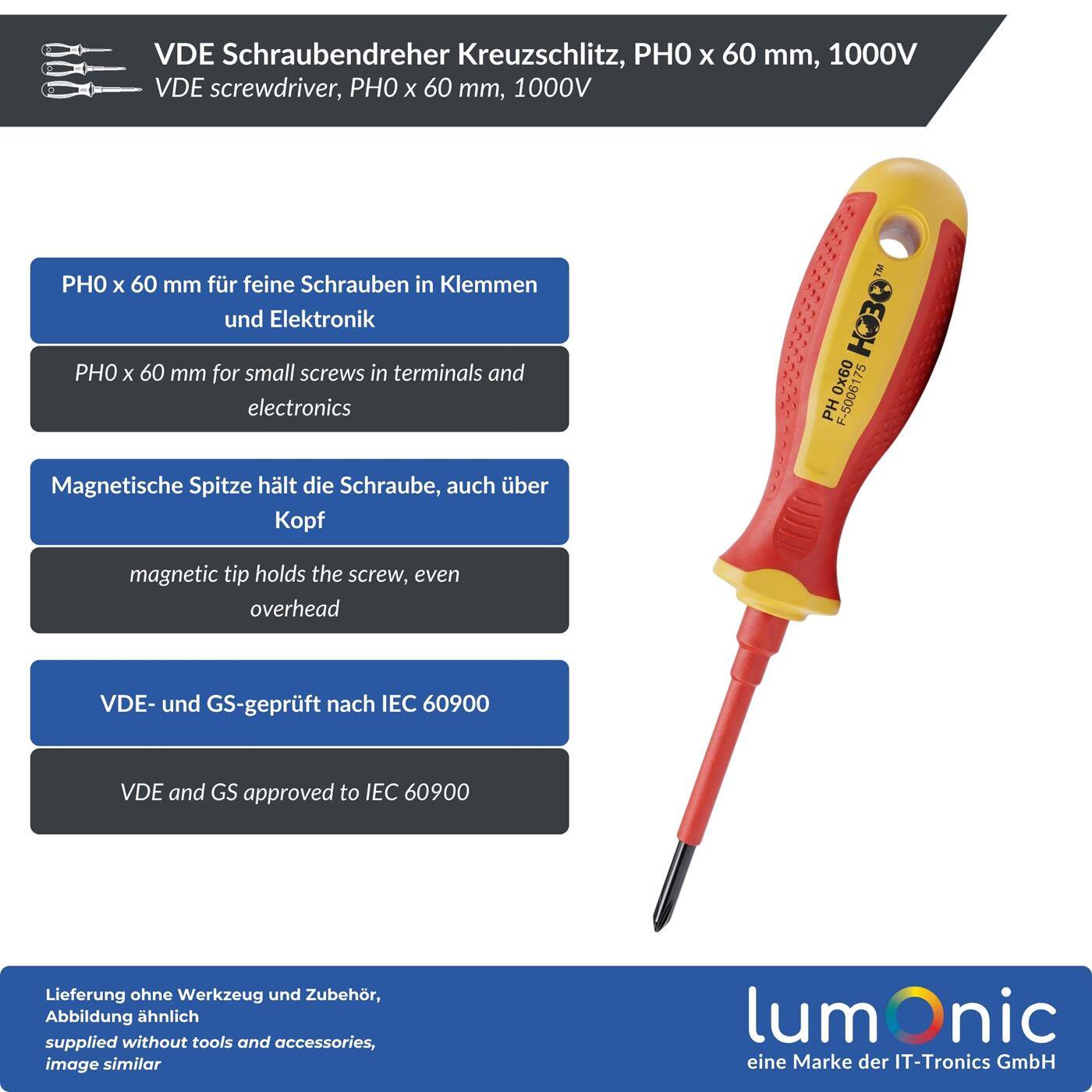 Lumonic VDE Phillips Screwdriver PH0 x 60 mm, 1000 V – S2 steel, burnished, magnetic tip, two-component handle, for electrical installations and control cabinets