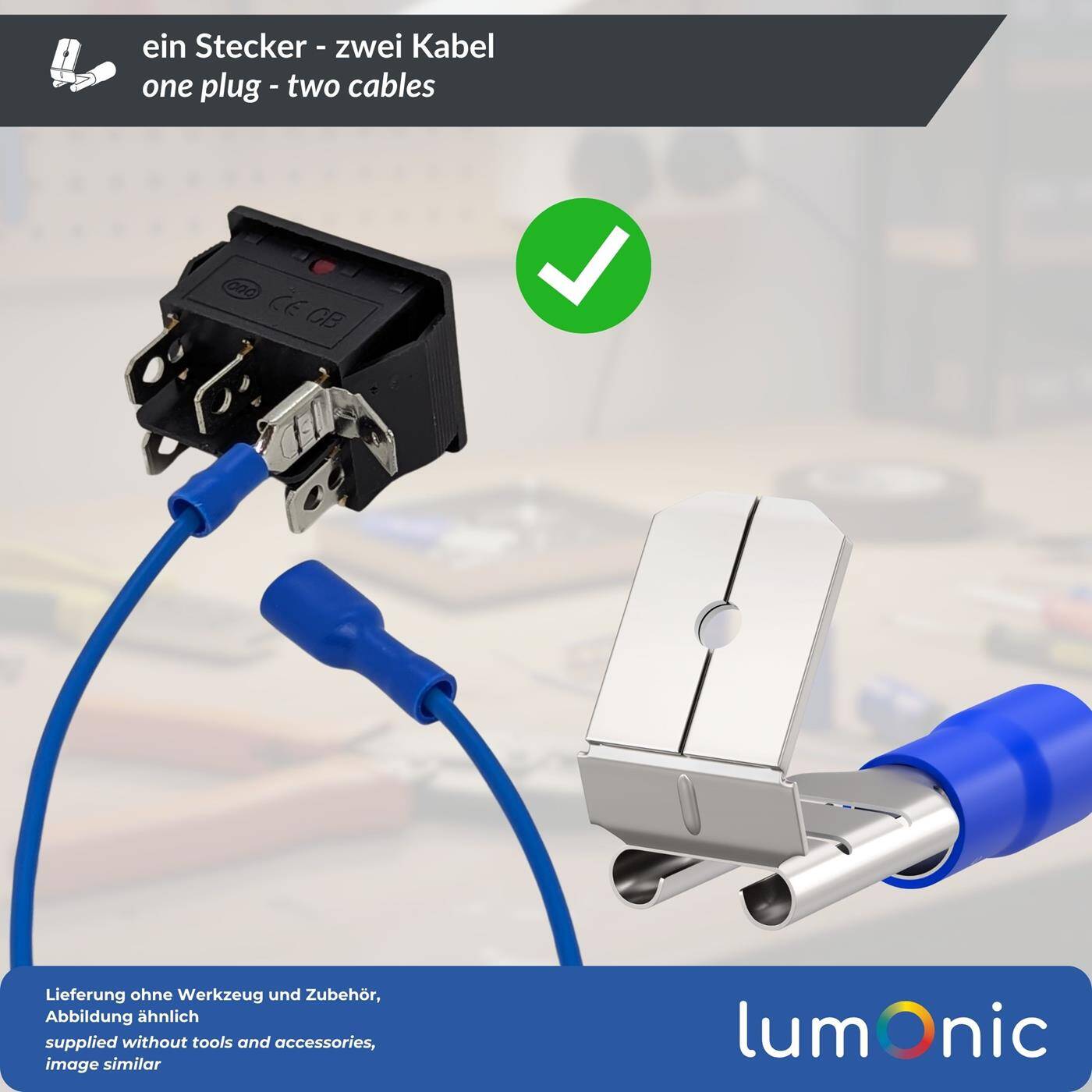 25x Flat receptacle with branch partially insulated 1,5-2,5mm² Plug-in dimension 0,8x6,4mm Blue for flat plug Brass tinned 25x Flat receptacle with branch partially insulated 1,5-2,5mm² Plug-in dimension 0,8x6,4mm Blue for flat plug Brass tinned