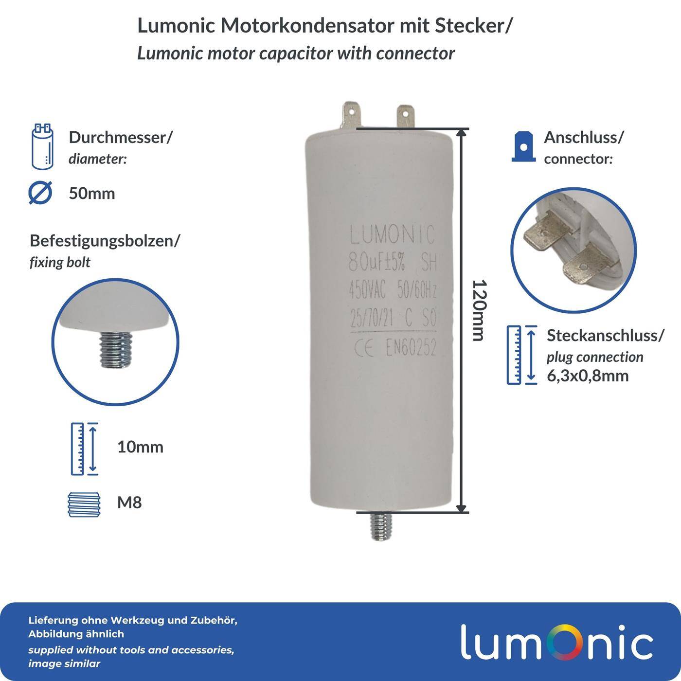 Lumonic Anlaufkondensator 80µF 450V | mit Stecker I 50x120mm I 80uF I Motorkondensator mit Kunststoffgehäuse I Betriebskondensator I für Pumpen, Rasenmäher, Werkzeuge