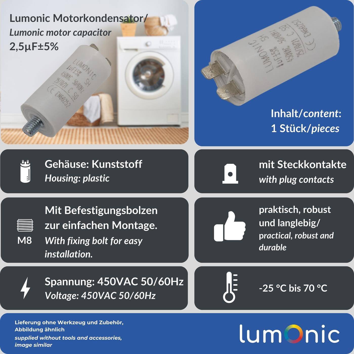 Lumonic Anlaufkondensator 2,5µF 450V | mit Stecker I 26x55mm I 2,5uF I Motorkondensator mit Kunststoffgehäuse I Betriebskondensator I für Pumpen, Rasenmäher, Werkzeuge