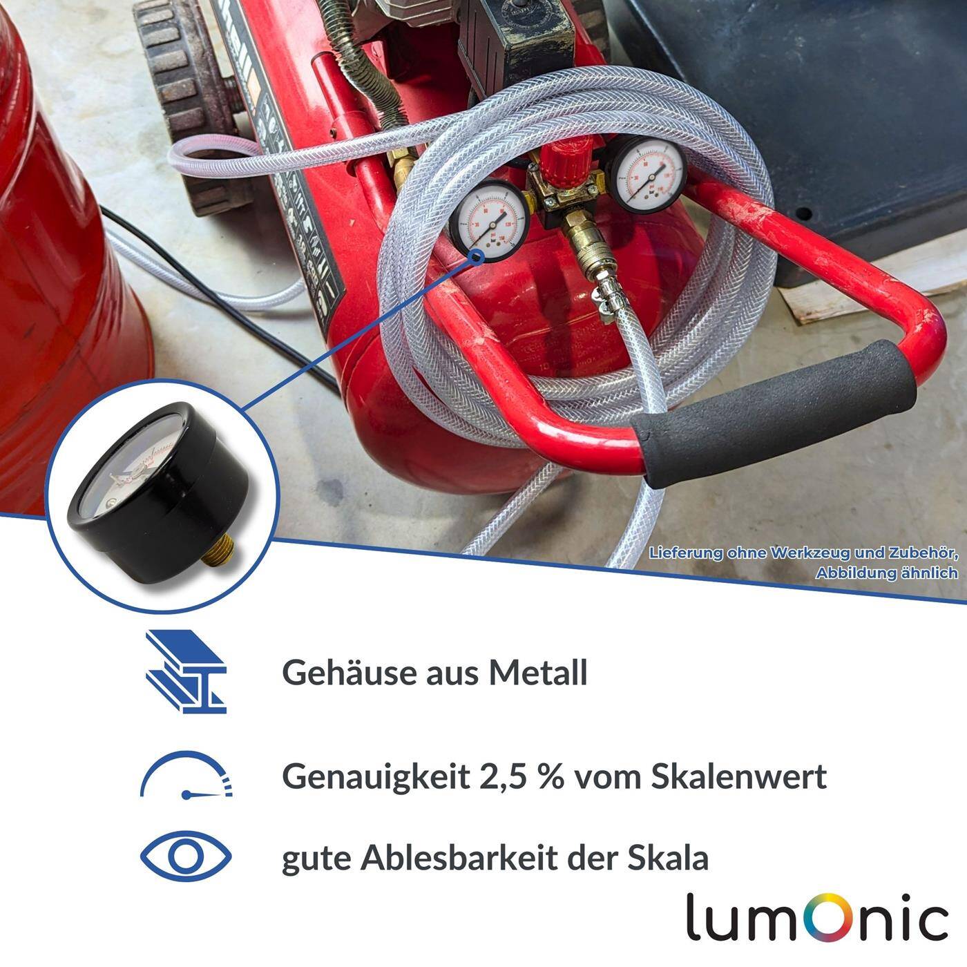 Lumonic I Manometer 0-10bar I 1/8 Zoll I Klasse 2,5 I Anschluss unten I Durchmesser 40mm I Druckmesser I für Druckluft und Wasser