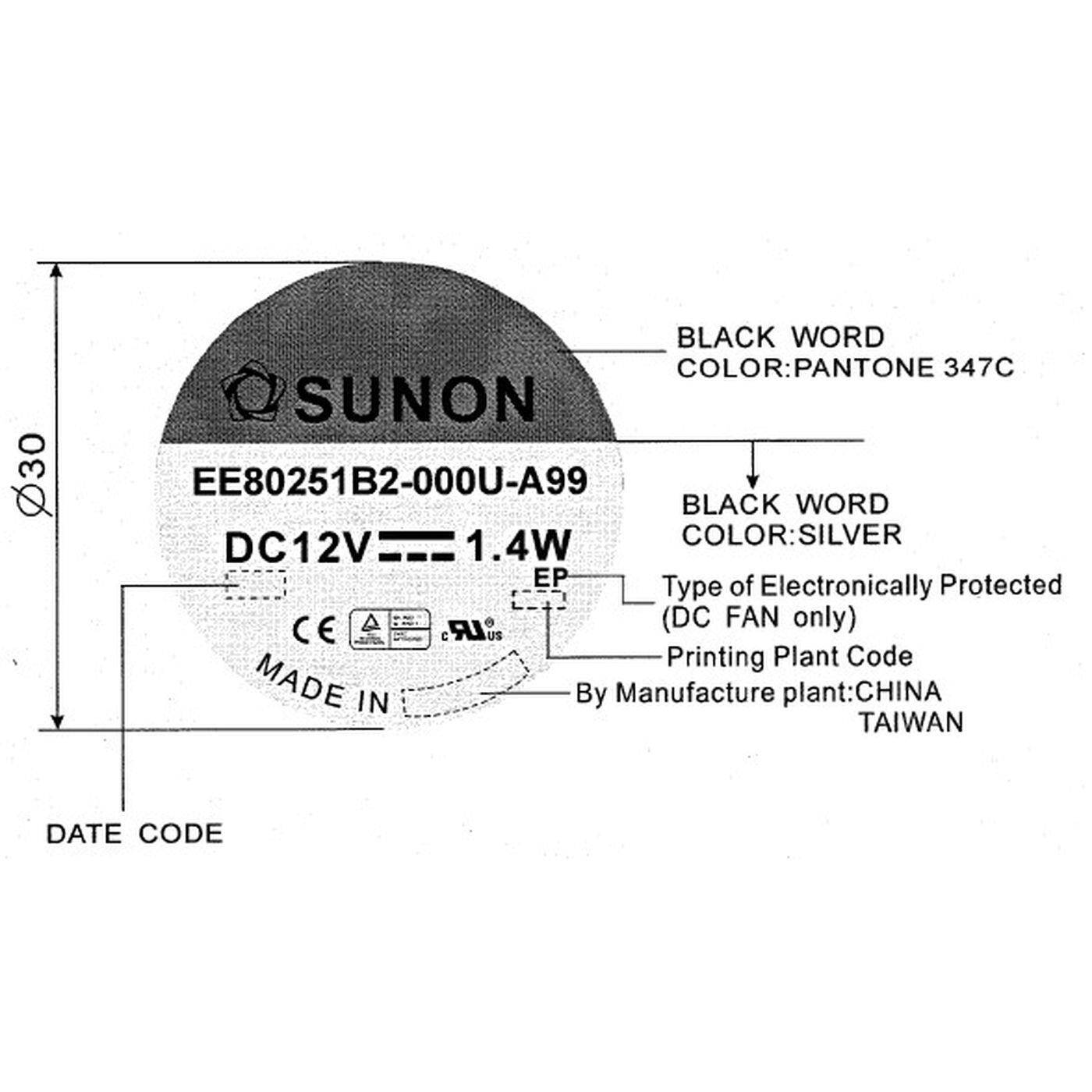 Lüfter 12V DC 1,44W 80x80x25mm 62,8m³/h 2900U/Min 62,8m³/h Sunon EE80251B2-A99