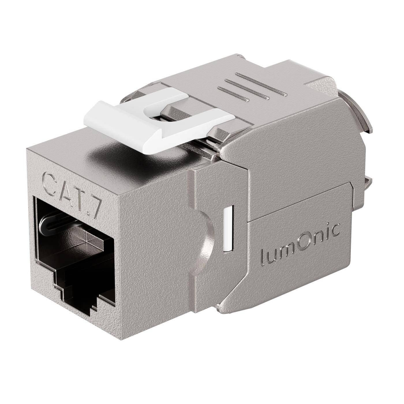 Lumonic Keystone RJ45 CAT7 | werkzeuglose Montage | T568A/B farbcodiert | für Wanddose + Patchpanel | PoE, bis 10Gbit/s | 360° Schirmung | Zugentlastung mit Kabelbinder | Metallgehäuse