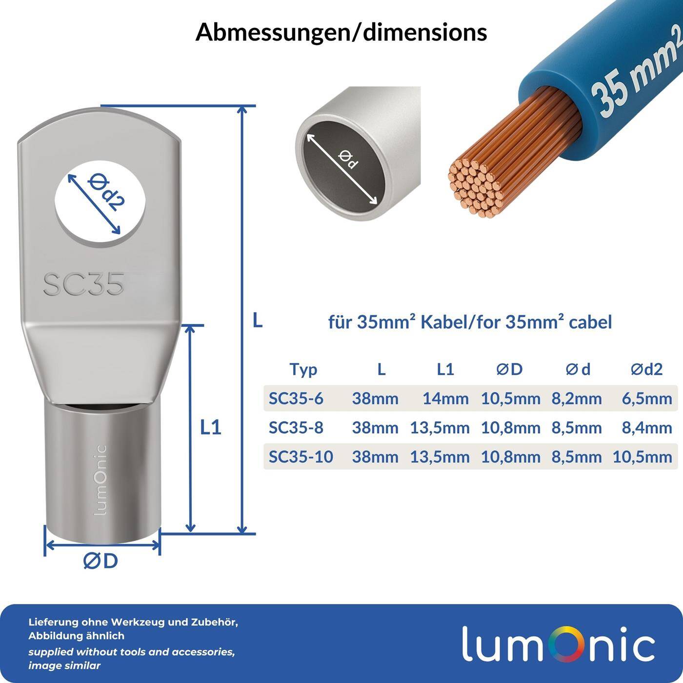 Lumonic 1x Rohrkabelschuh 35mm² blank | M10 | Kupfer verzinnt | Kabelverbindung ohne Löten | SC35-10, Crimp-Kabelschuh, Quetschverbinder | KFZ, Maschinenbau, Wohnmobil, Batterie