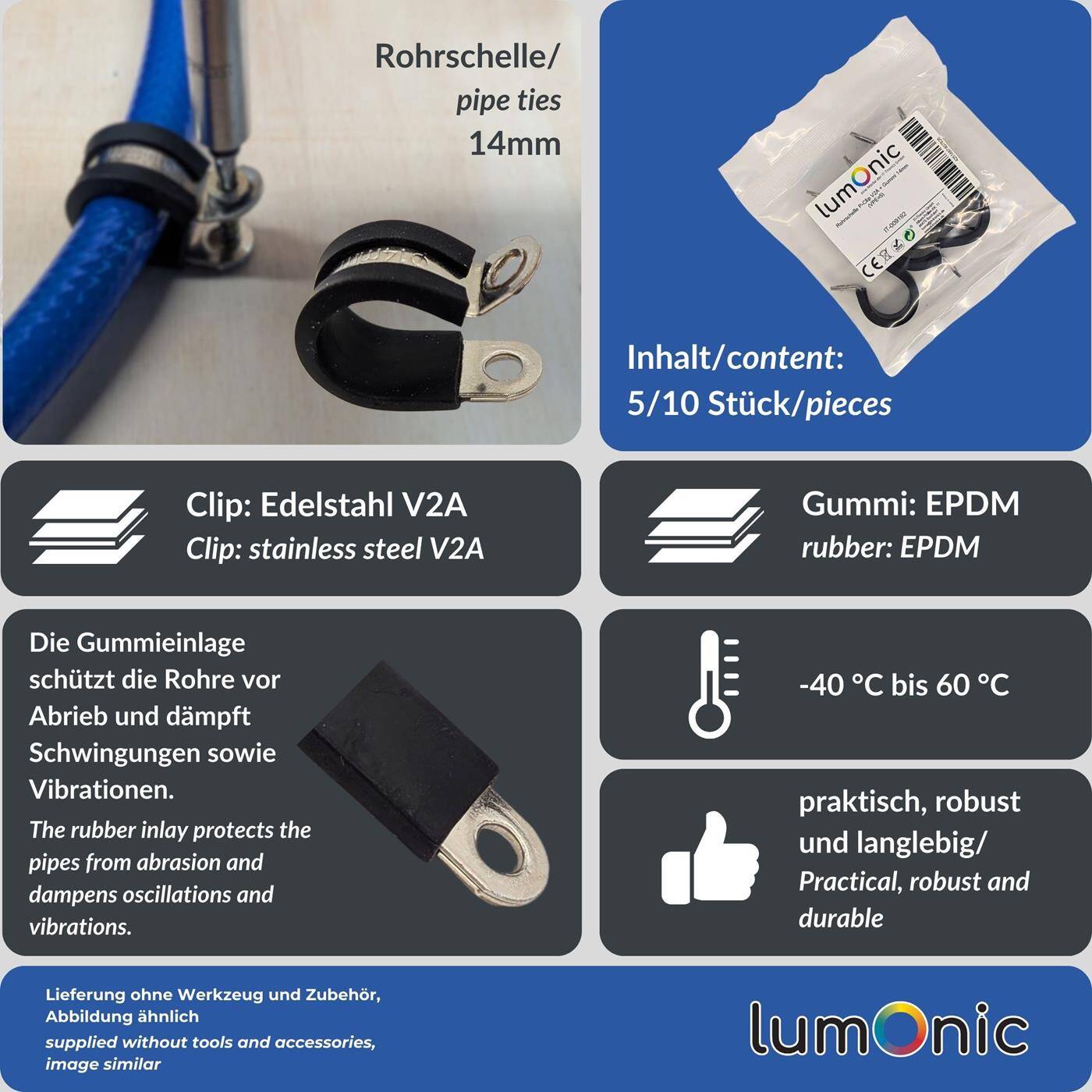 5x P-Clip Cable clamp Stainless steel V2A with Rubber 14mm Pipe clamp Mounting clip