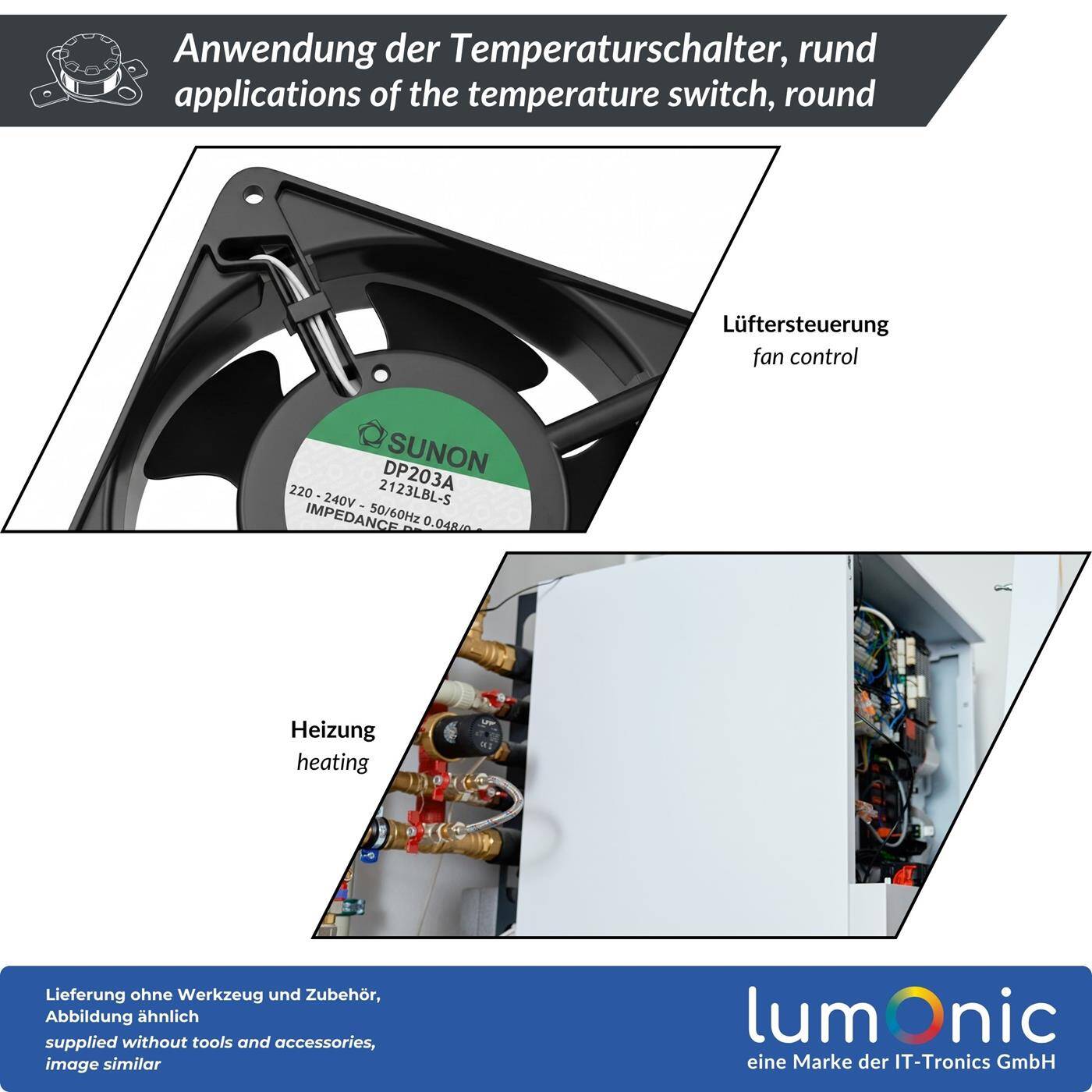 Lumonic KSD301 Temperaturschalter rund | 45°C ± 5°C | Schließer NO | max. 250V AC/10A | Flachstecker | Ø15×12mm | Thermoschalter, Bimetall | Kaffeemaschinen, Bügeleisen, Backöfen, Heizungen
