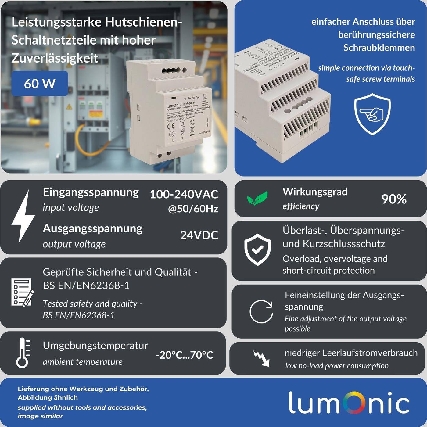 Lumonic I Netzteil Hutschiene BDR-60-24 I 24V / 60W I Input 100-240VAC I Überlastschutz & kurzschlussfest I DIN-Rail Schaltnetzteil I Schaltschrank & Verteilerkasten