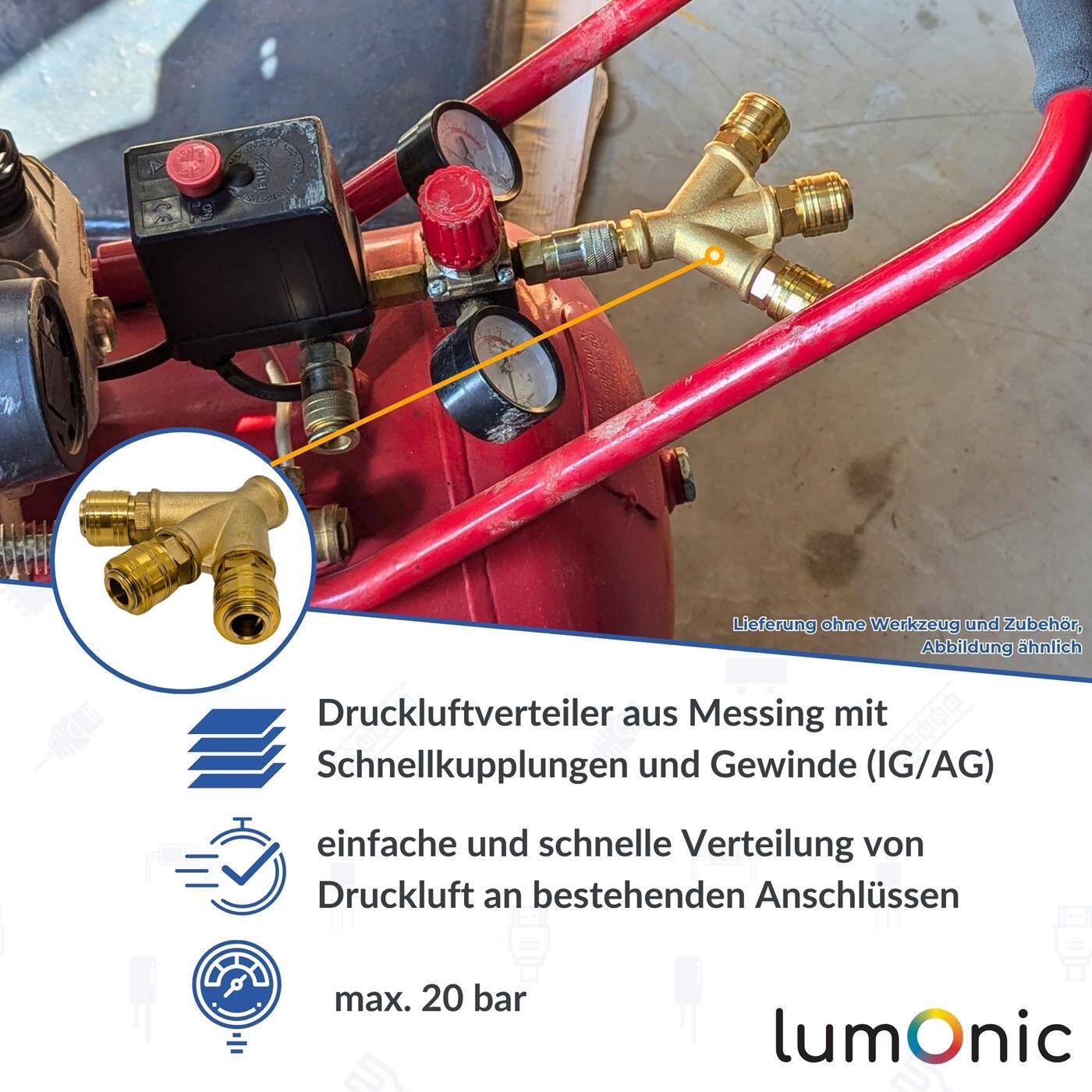 Druckluftverteiler 3-fach mit Innengewinde 3/8" aus Messing Druckluft-Verteiler Druckluftweiche Schnellkupplung Mehrfachverteiler für Werkstätten, Betriebe und Heimwerker