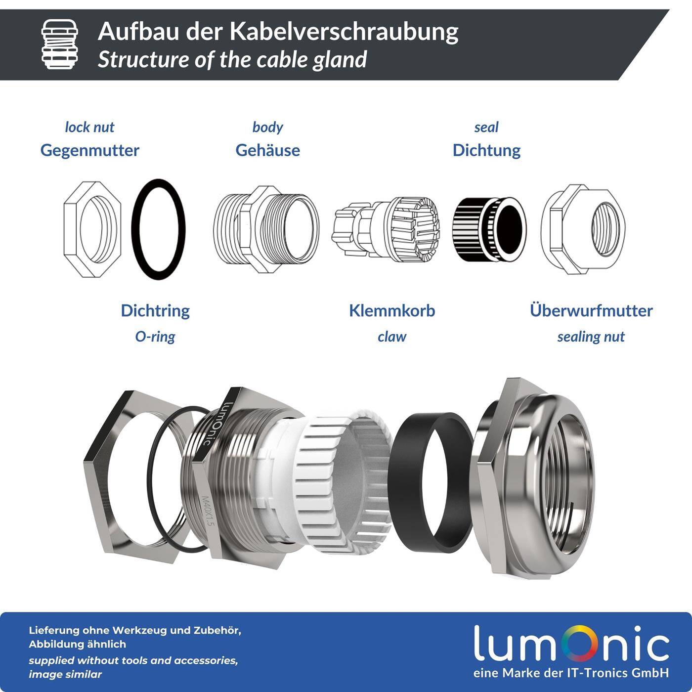 Lumonic Metal cable gland M40 | Clamping range 22-32mm | IP68 | with locknut | Nickel-plated brass, EMC | -40...+100°C | corresponds to PG29