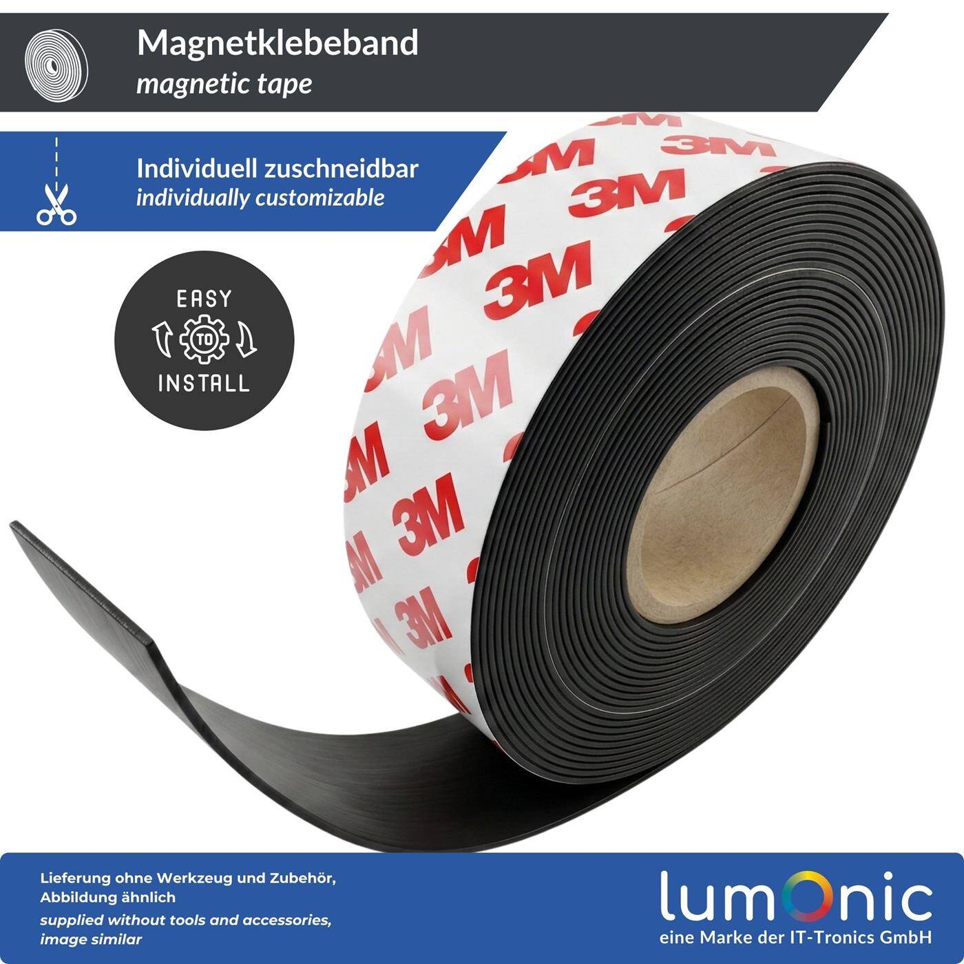 Lumonic 5m Magnetic tape | 30x2mm | Flexible, self-adhesive, can be cut to size, without drilling | Fly screen, school and blackboard