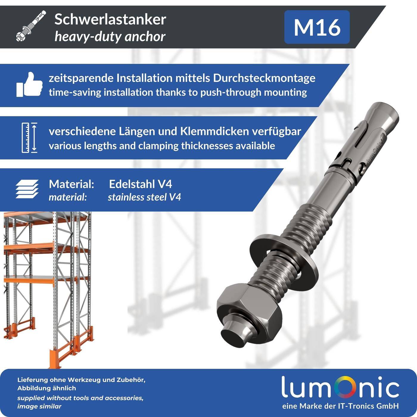 Lumonic Schwerlastdübel M16 x 160mm | hochwertige Edelstahl V2A Keilanker | Durchsteckmontage,  | Betonanker, Schwerlastanker | für Überdachungen, Geländer, Regale, Trennwände
