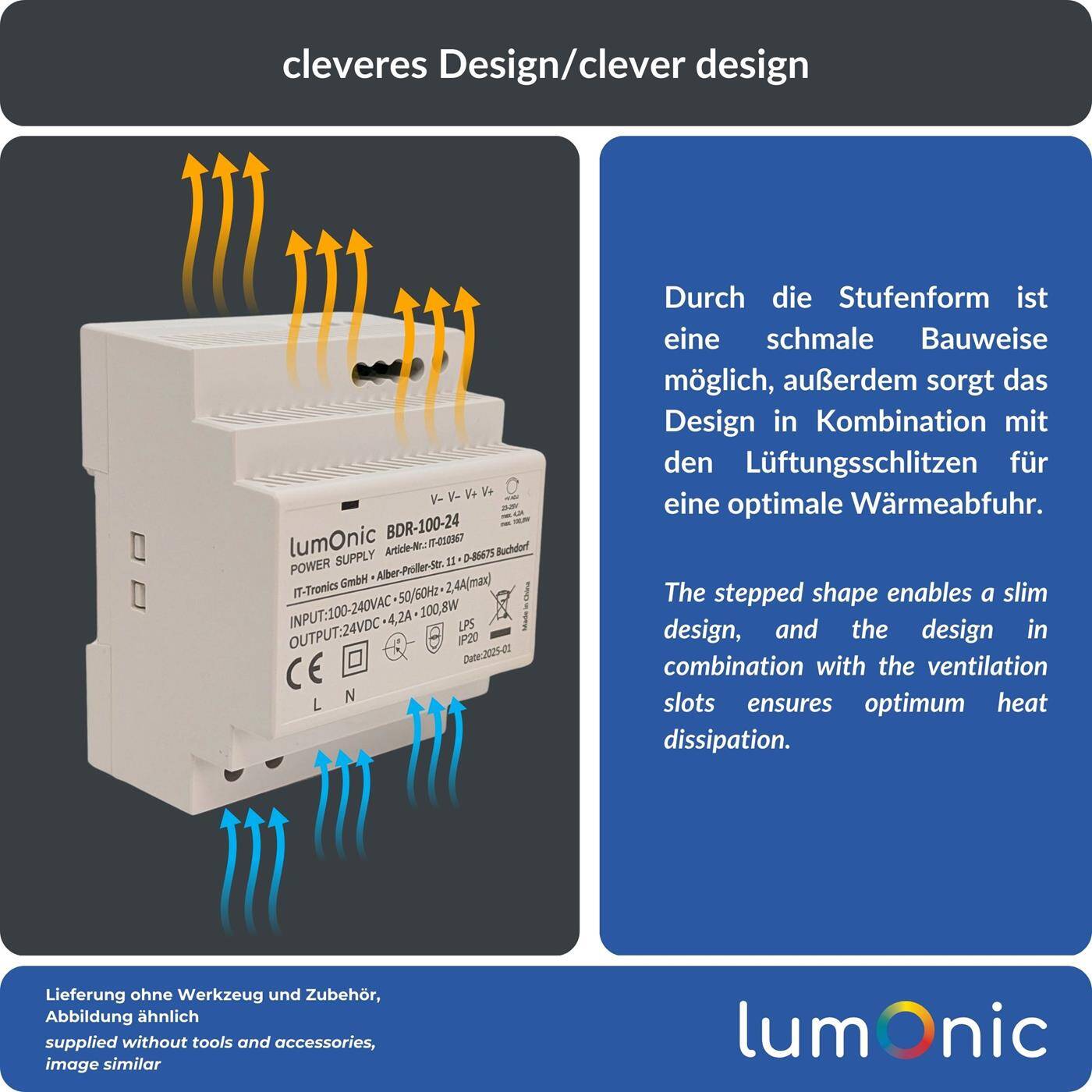 Lumonic I Netzteil Hutschiene BDR-100-24 I 24V / 100,8W I Input 100-240VAC I Überlastschutz & kurzschlussfest I DIN-Rail Schaltnetzteil I Schaltschrank & Verteilerkasten