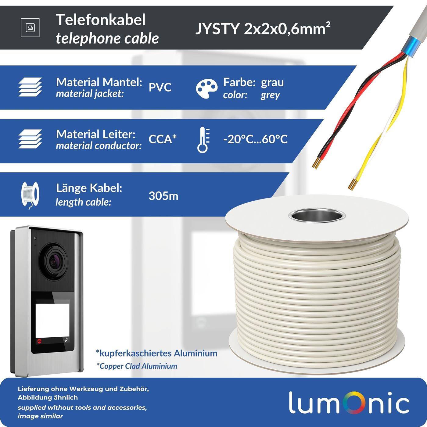 Lumonic Telefonkabel JYSTY grau auf Rolle | 2x2x0,6mm CCA | 305m | farbcodiert & geschirmt | Metermarkierung | Fernmeldekabel, Telefonanschlusskabel