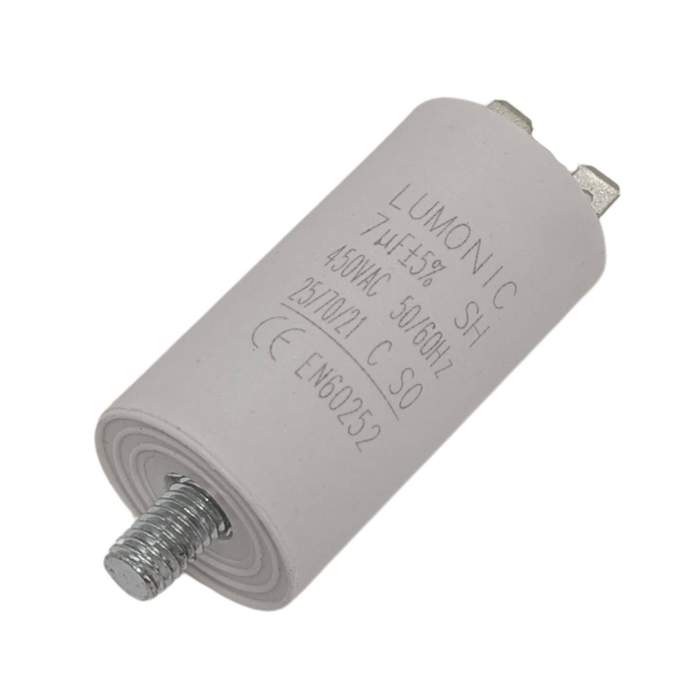 Starting capacitor 7µF 450V with Plug 6,3x0,8mm 30x60mm 7uF Motor capacitor with plastic housing Starting capacitor 7µF 450V with Plug 6,3x0,8mm 30x60mm 7uF Motor capacitor with plastic housing