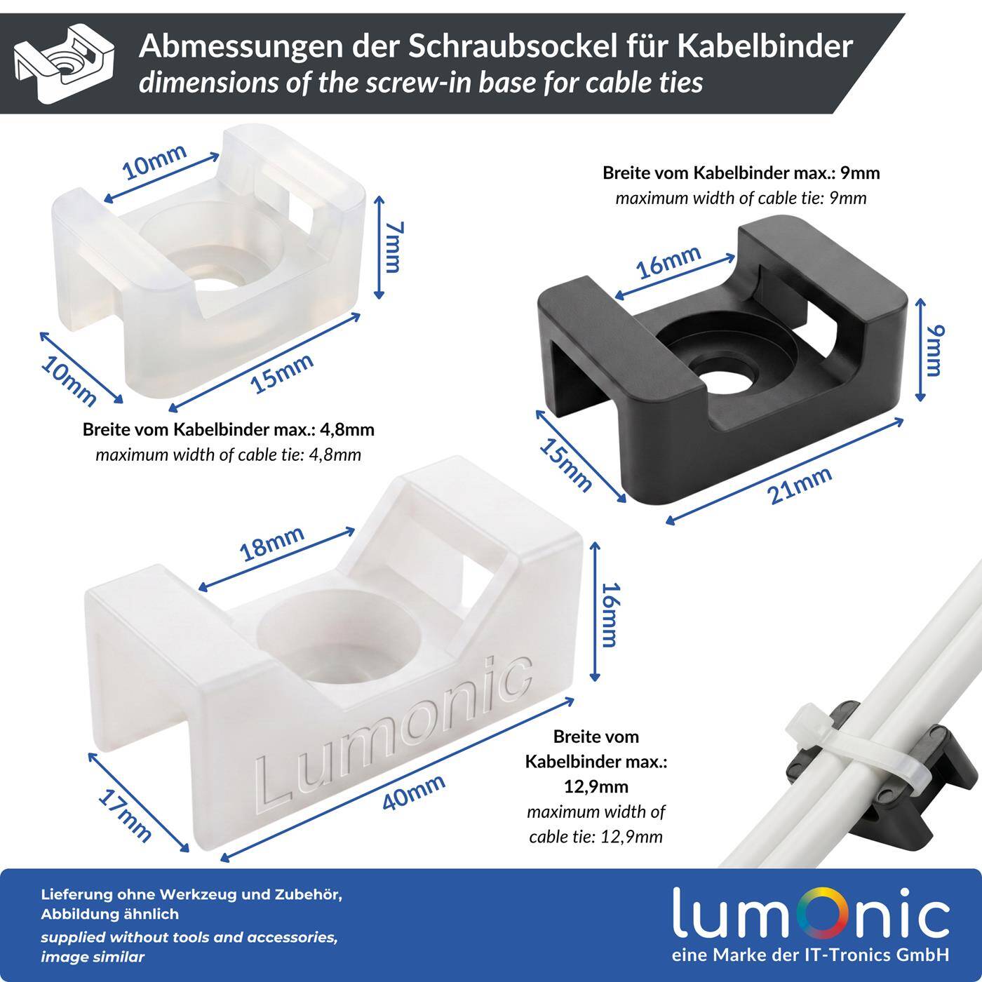 Lumonic 100 pieces Screw base for cable ties 21x16mm | black | -40°C…+85°C | PA6.6 polyamide | Resistant | Screw-on cable holder for electrical installation