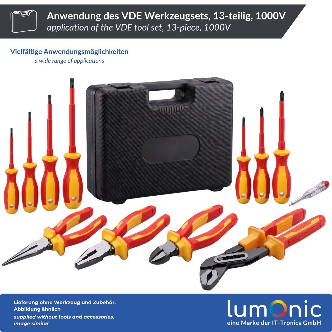 Lumonic VDE 13-Piece 1000V Tool Set in a Case - 4 pliers (including a water pump pliers), 7 screwdrivers, 250V voltage tester, plastic case, for electricians